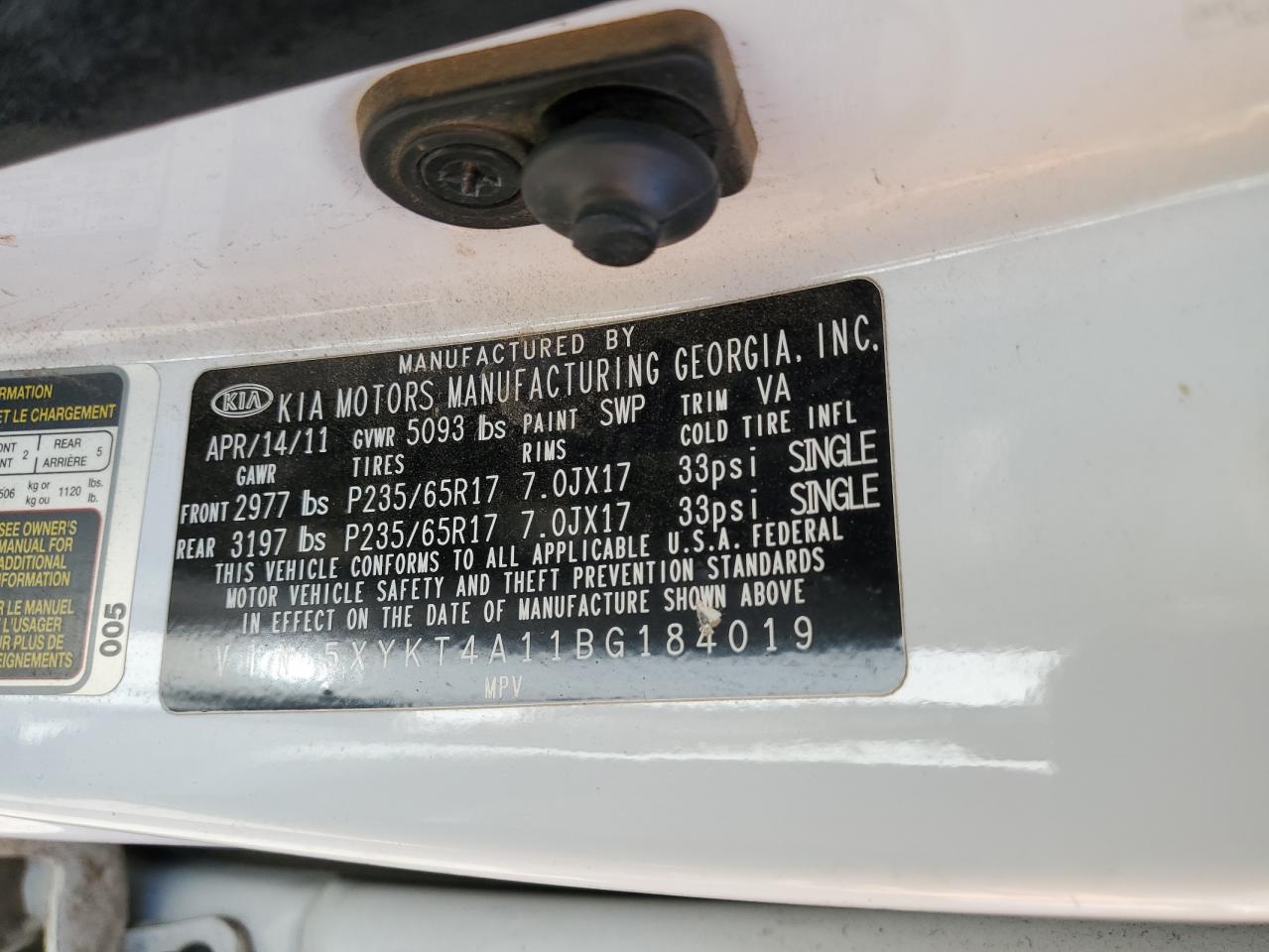 5XYKT4A11BG184019 2011 Kia Sorento Base