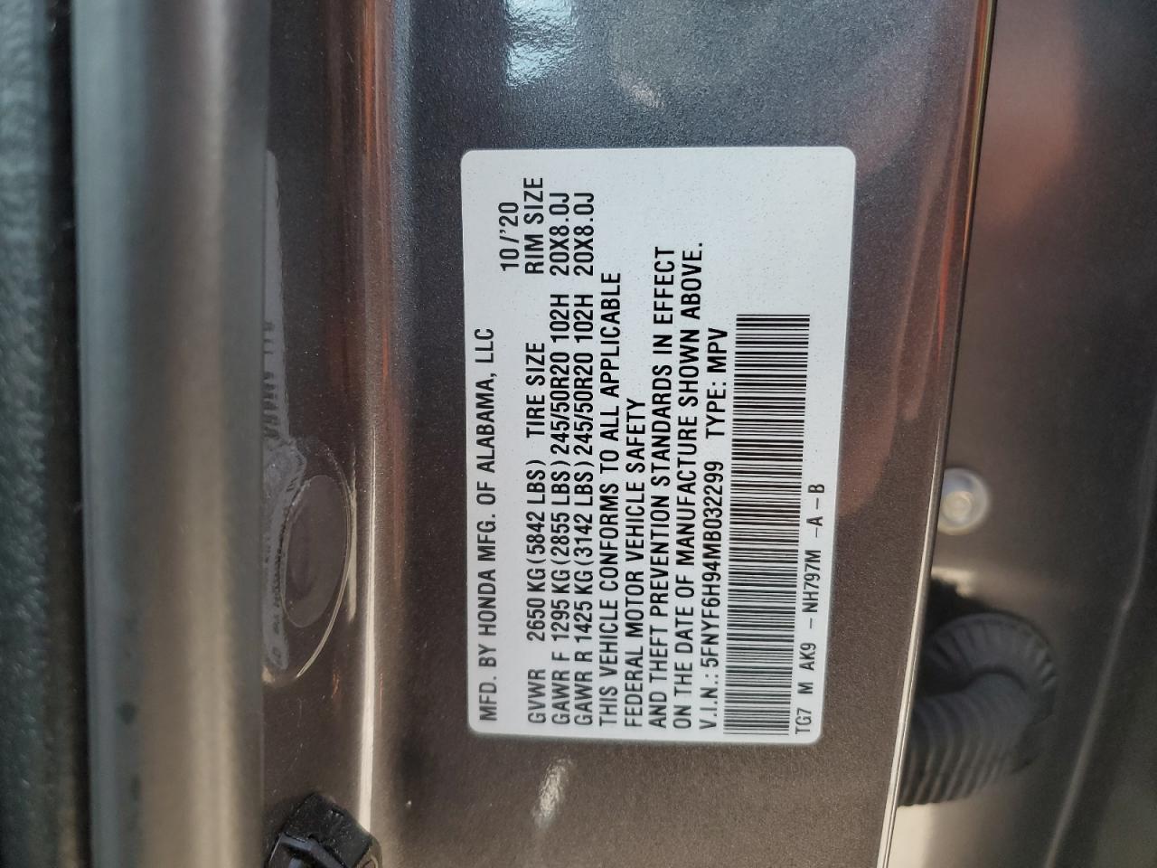 5FNYF6H94MB032299 2021 Honda Pilot Touring