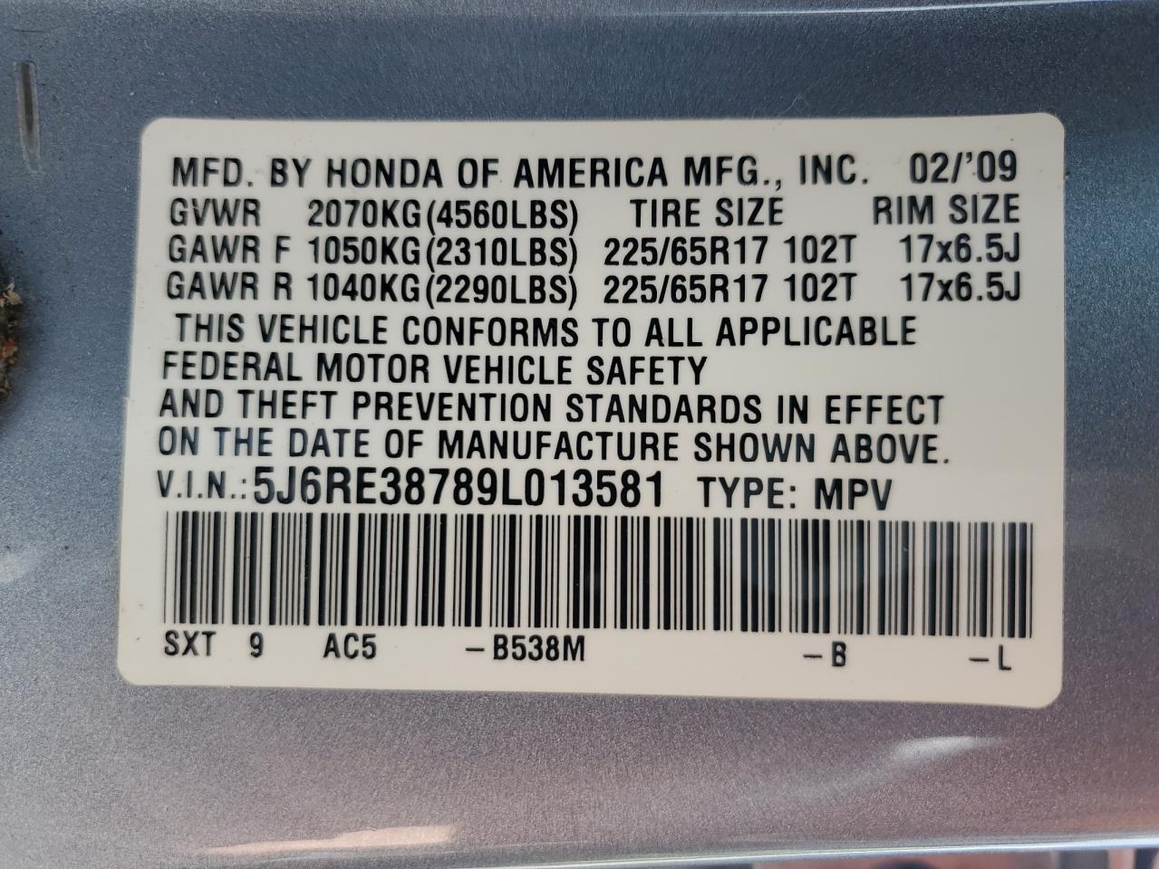 2009 Honda Cr-V Exl VIN: 5J6RE38789L013581 Lot: 73876364