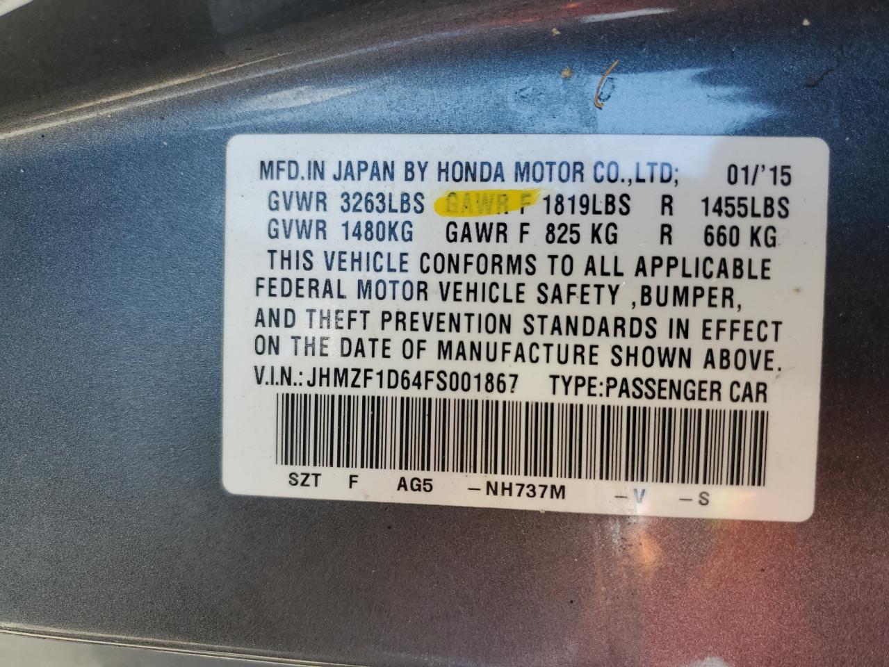 JHMZF1D64FS001867 2015 Honda Cr-Z Ex