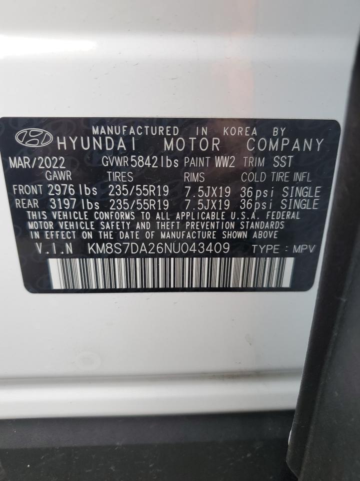 2022 Hyundai Santa Fe Limited VIN: KM8S7DA26NU043409 Lot: 76039754