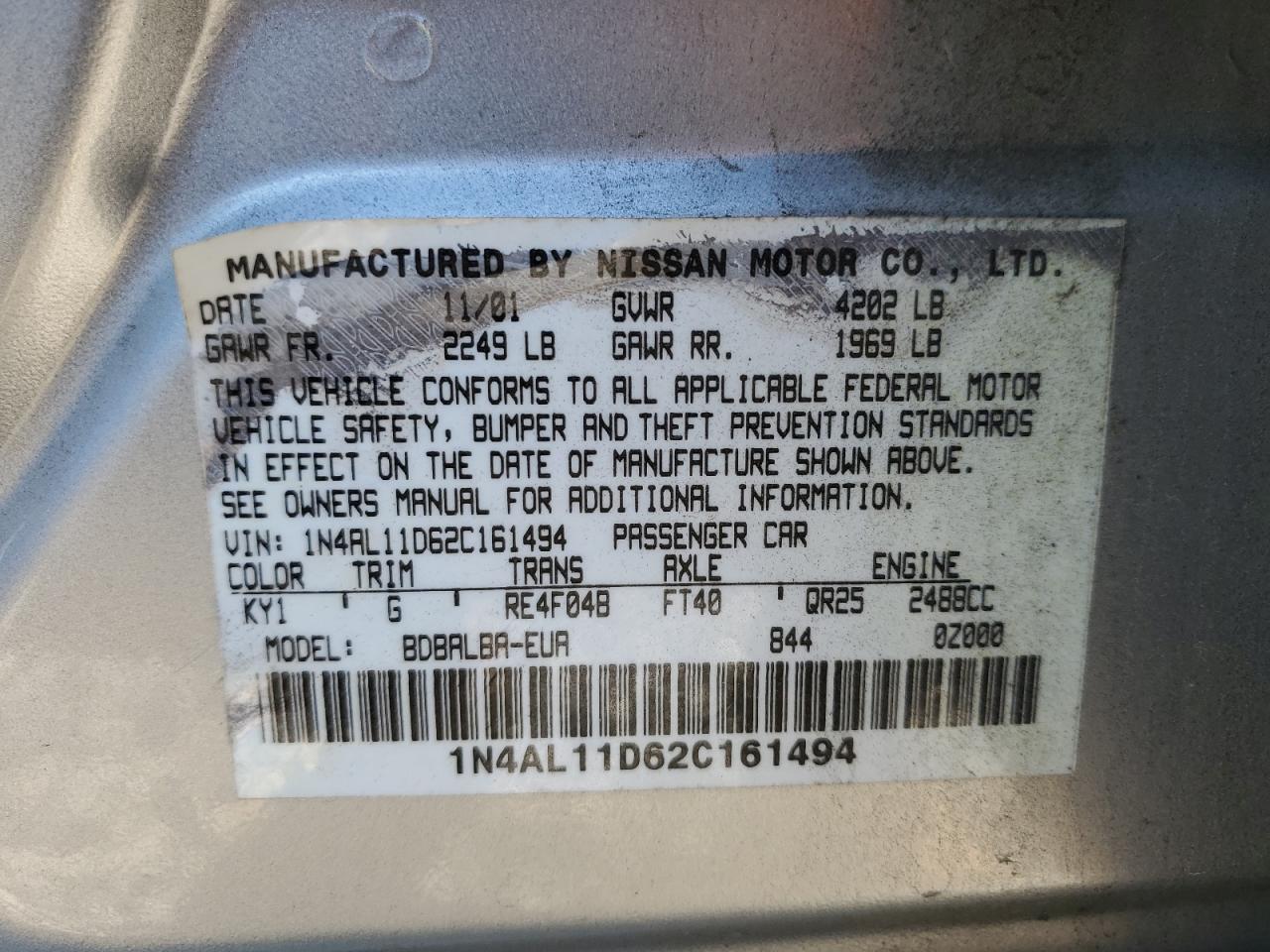 2002 Nissan Altima Base VIN: 1N4AL11D62C161494 Lot: 77693114