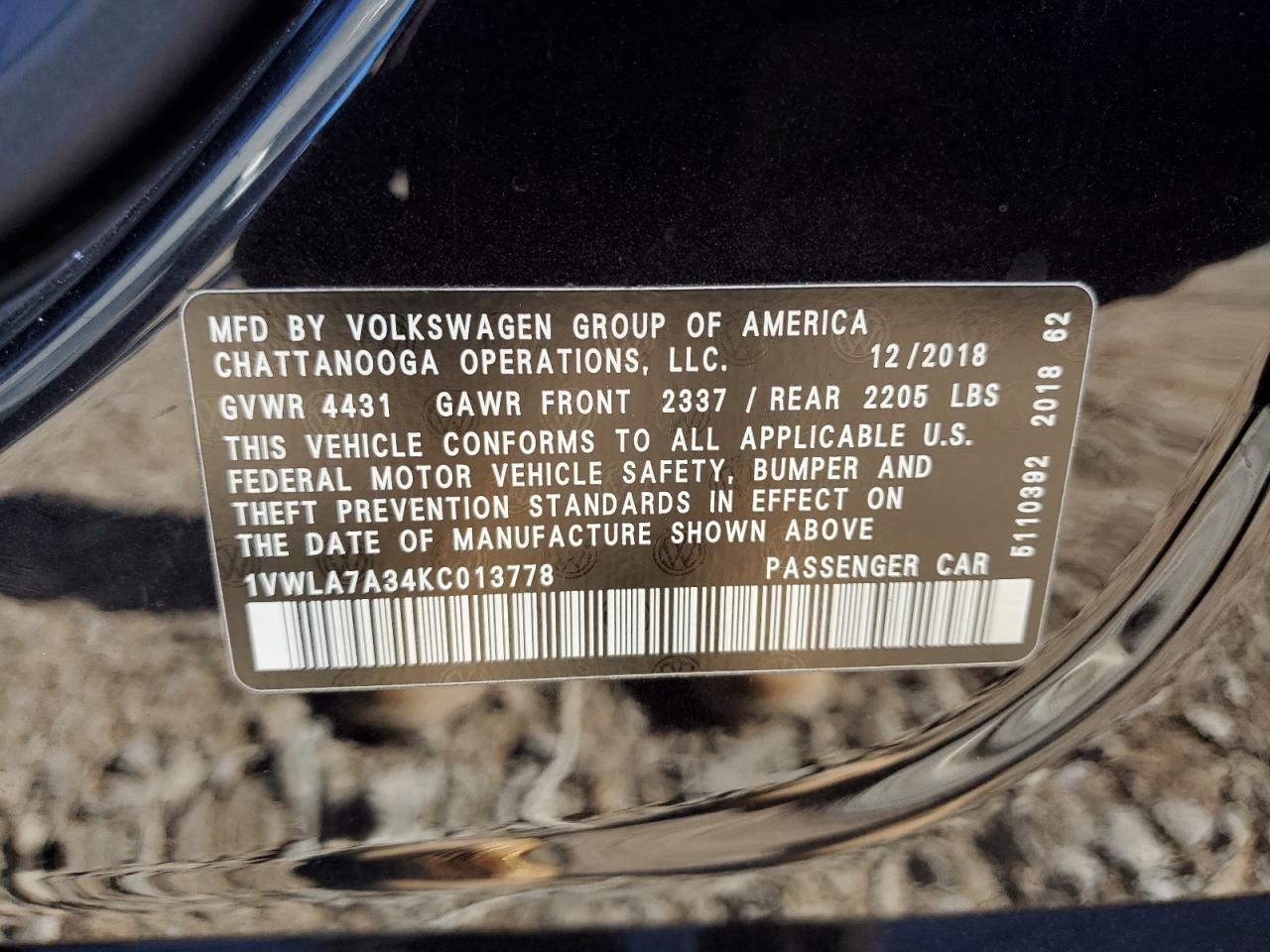 2019 Volkswagen Passat Wolfsburg VIN: 1VWLA7A34KC013778 Lot: 76451314