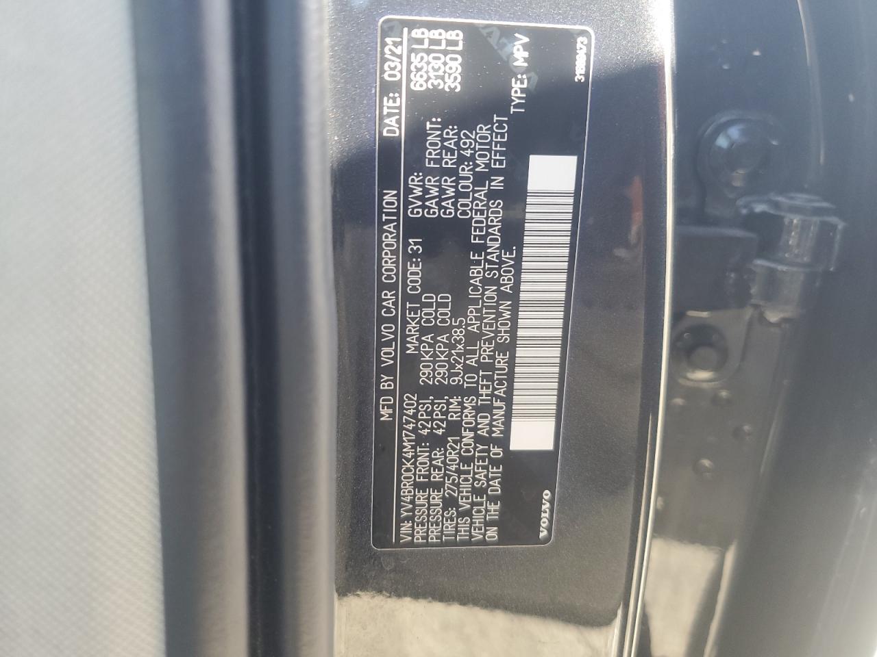 YV4BR0CK4M1747402 2021 Volvo Xc90 T8 Recharge Inscription Express