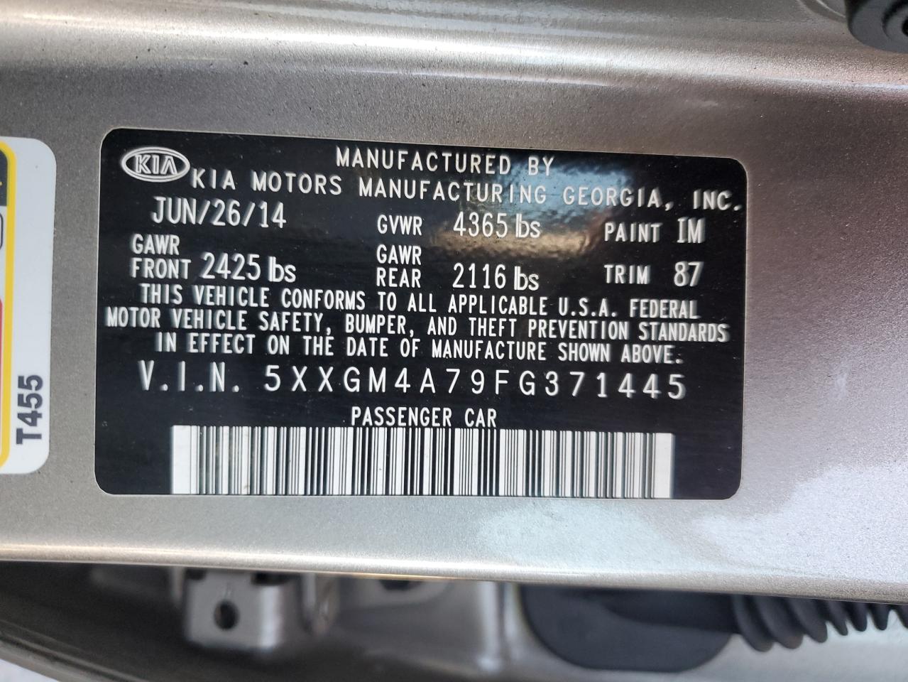 5XXGM4A79FG371445 2015 Kia Optima Lx