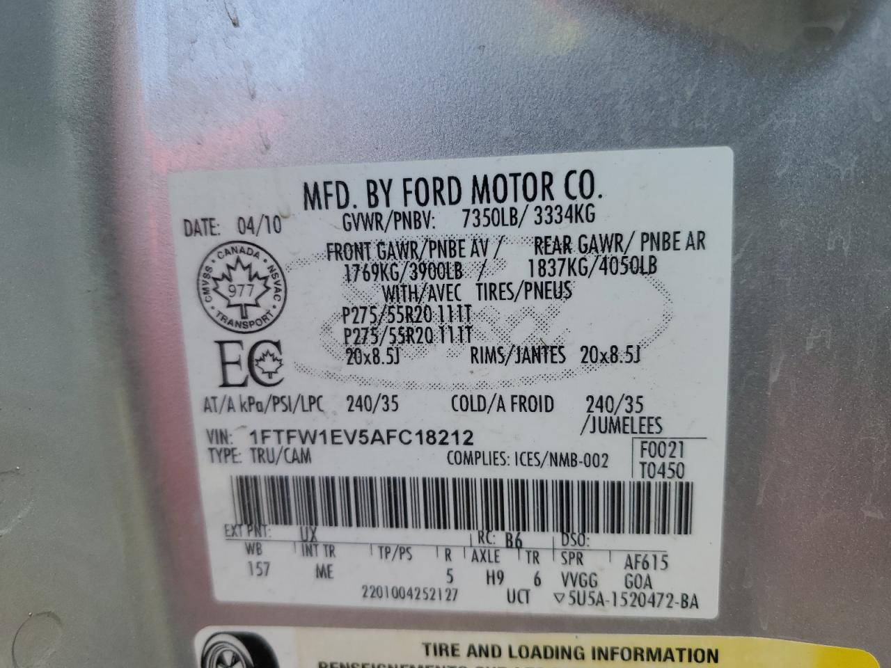 1FTFW1EV5AFC18212 2010 Ford F150 Supercrew