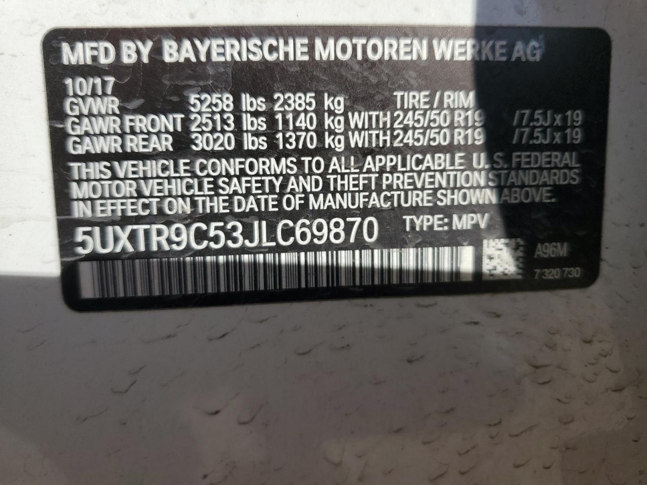 5UXTR9C53JLC69870 2018 BMW X3 xDrive30I