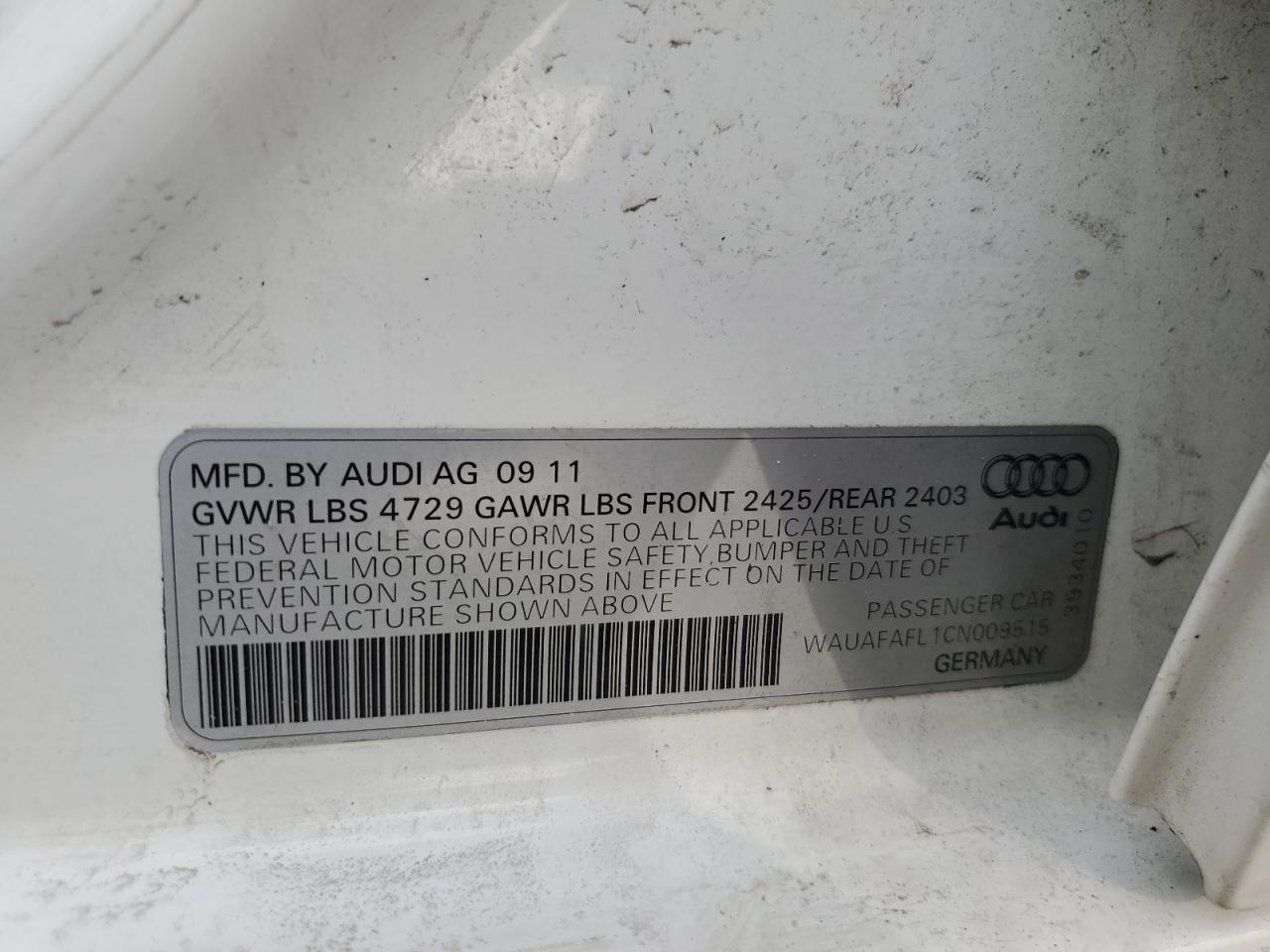 2012 Audi A4 Premium VIN: WAUAFAFL1CN009515 Lot: 78273554