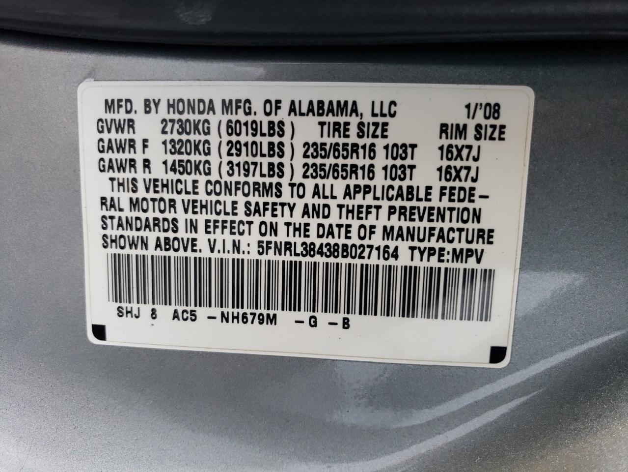 2008 Honda Odyssey Ex VIN: 5FNRL38438B027164 Lot: 75435624