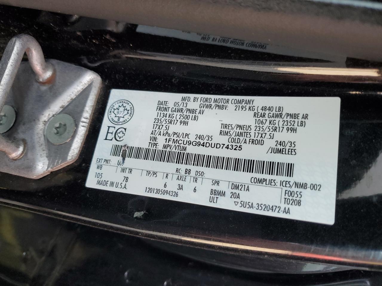 2013 Ford Escape Se VIN: 1FMCU9G94DUD74325 Lot: 82146735