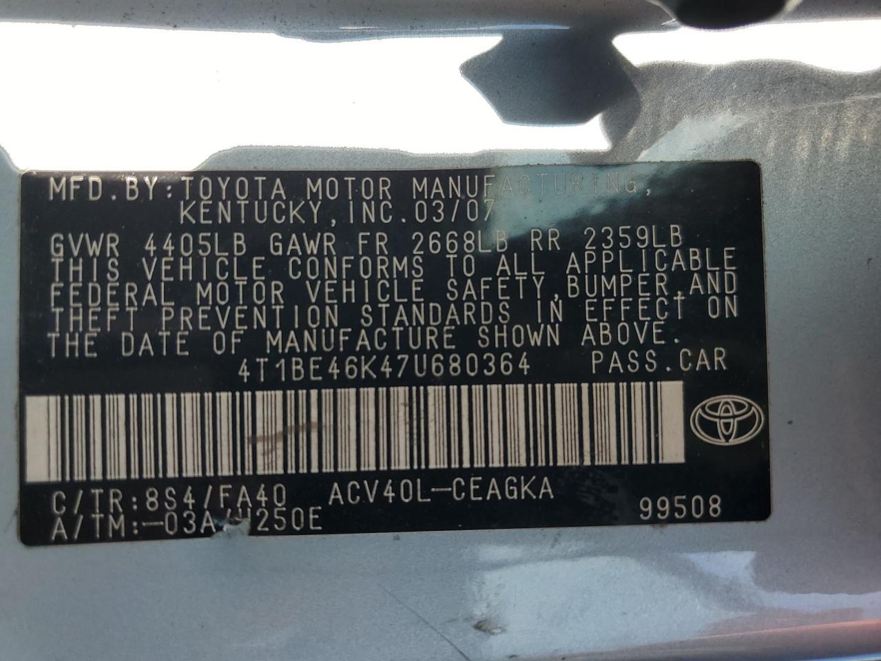 2007 Toyota Camry Ce VIN: 4T1BE46K47U680364 Lot: 77831704