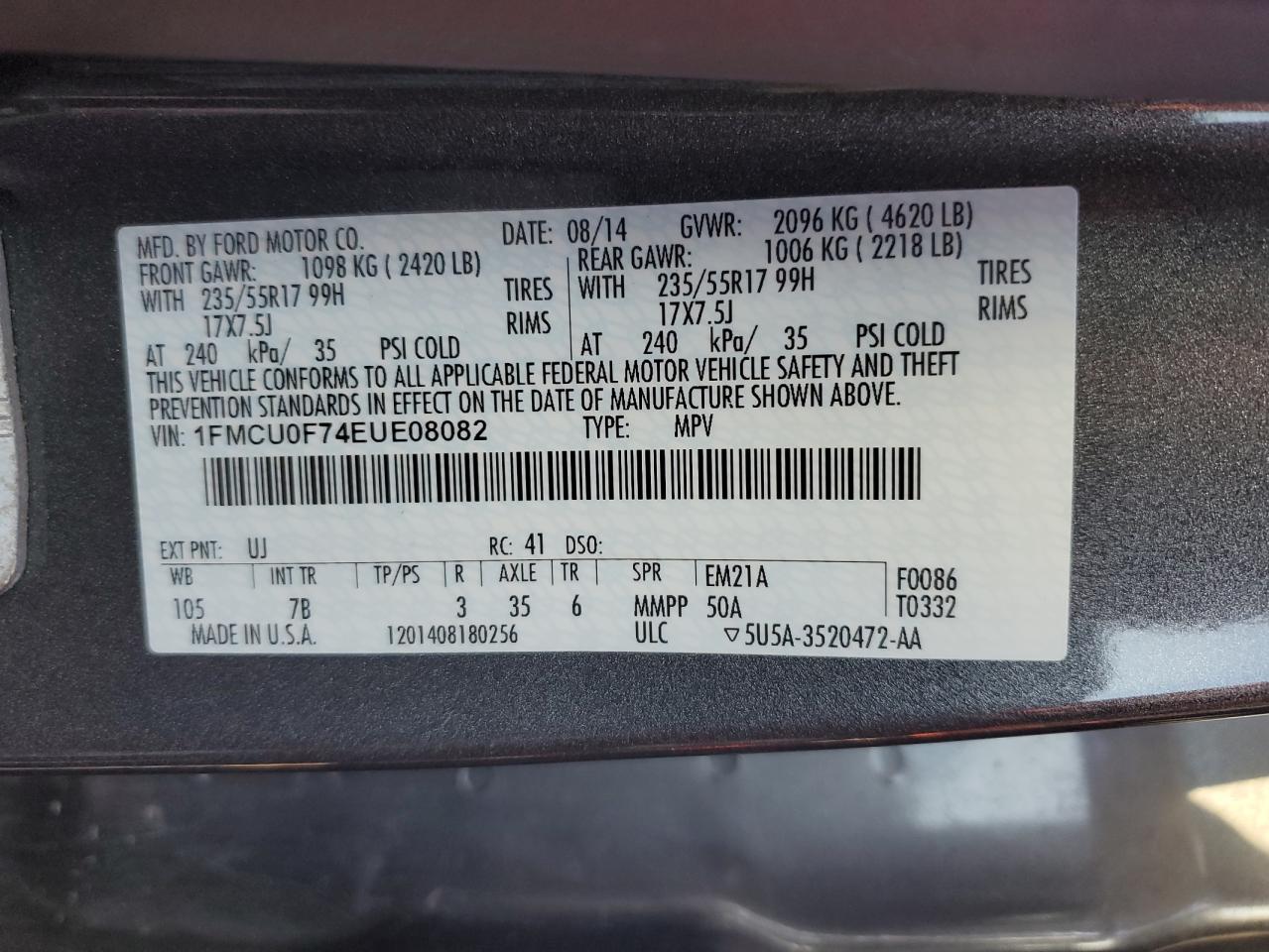 1FMCU0F74EUE08082 2014 Ford Escape S