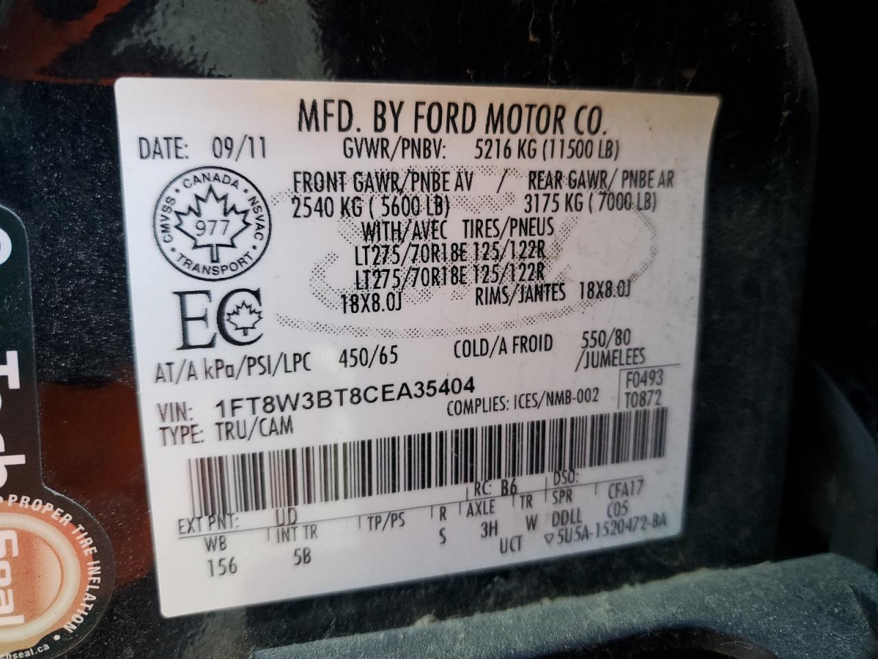 2012 Ford F350 Super Duty VIN: 1FT8W3BT8CEA35404 Lot: 76140384