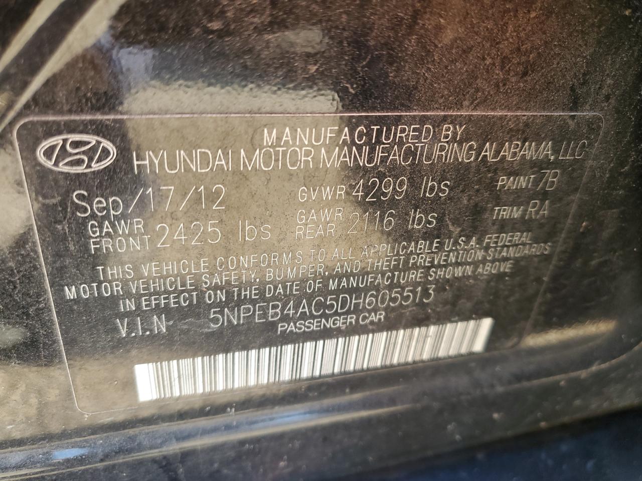 2013 Hyundai Sonata Gls VIN: 5NPEB4AC5DH605513 Lot: 75528544