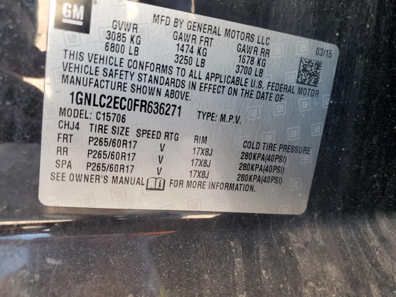 2015 Chevrolet Tahoe Police VIN: 1GNLC2EC0FR636271 Lot: 77180784