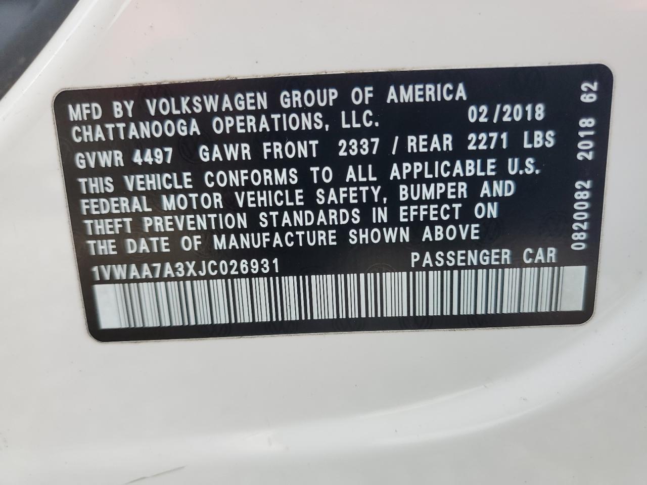 1VWAA7A3XJC026931 2018 Volkswagen Passat S