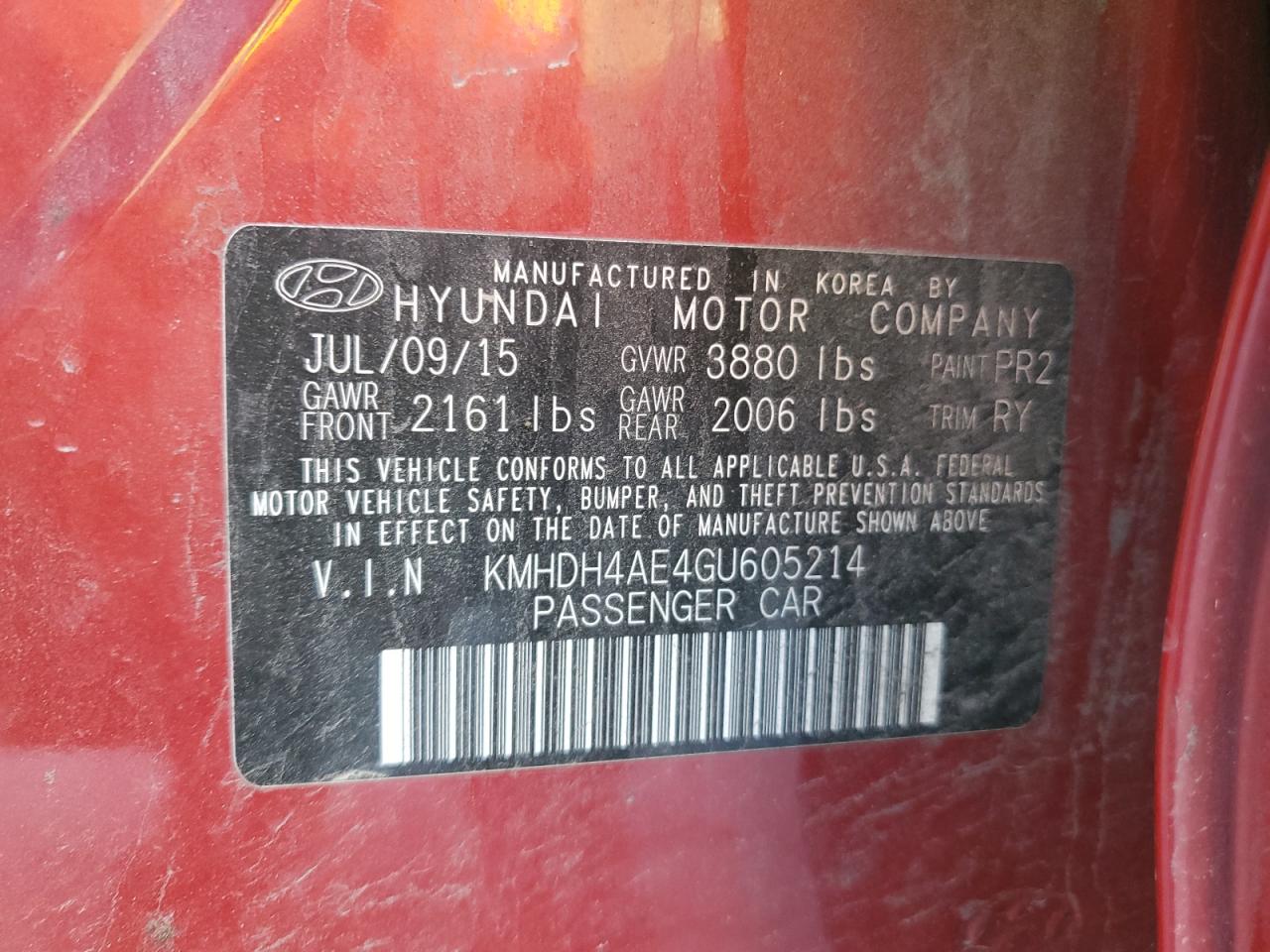 VIN KMHDH4AE4GU605214 2016 HYUNDAI ELANTRA no.12