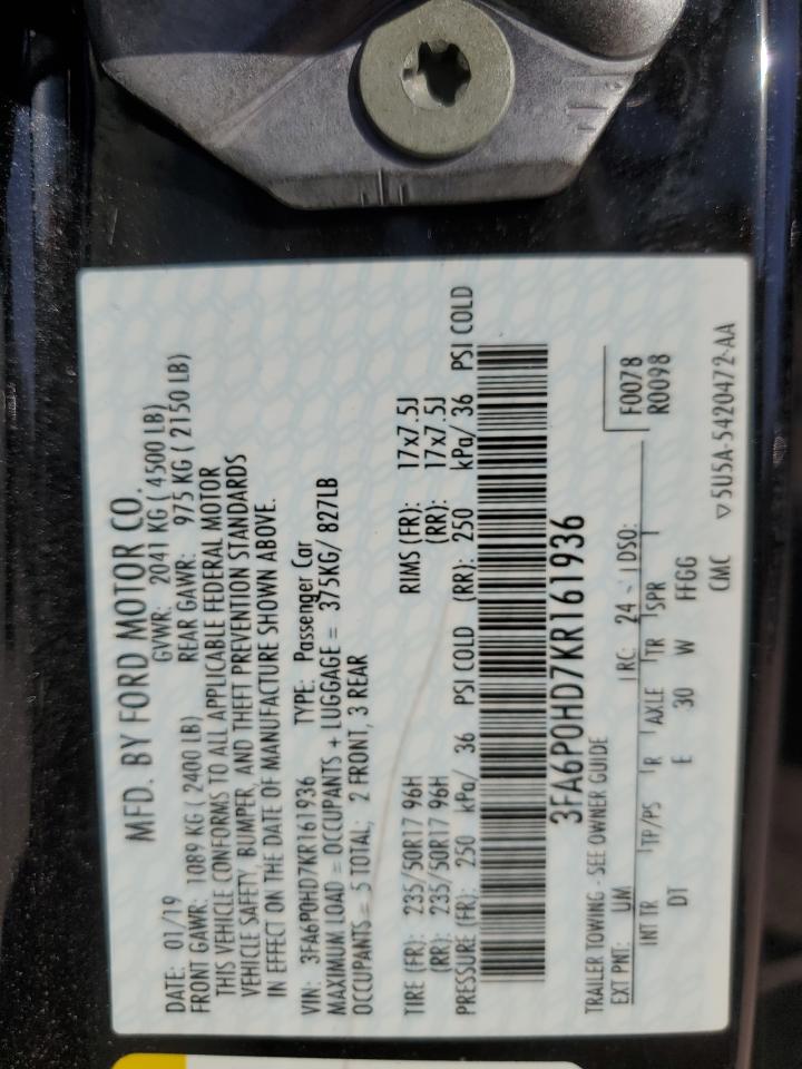 2019 Ford Fusion Se VIN: 3FA6P0HD7KR161936 Lot: 76404614