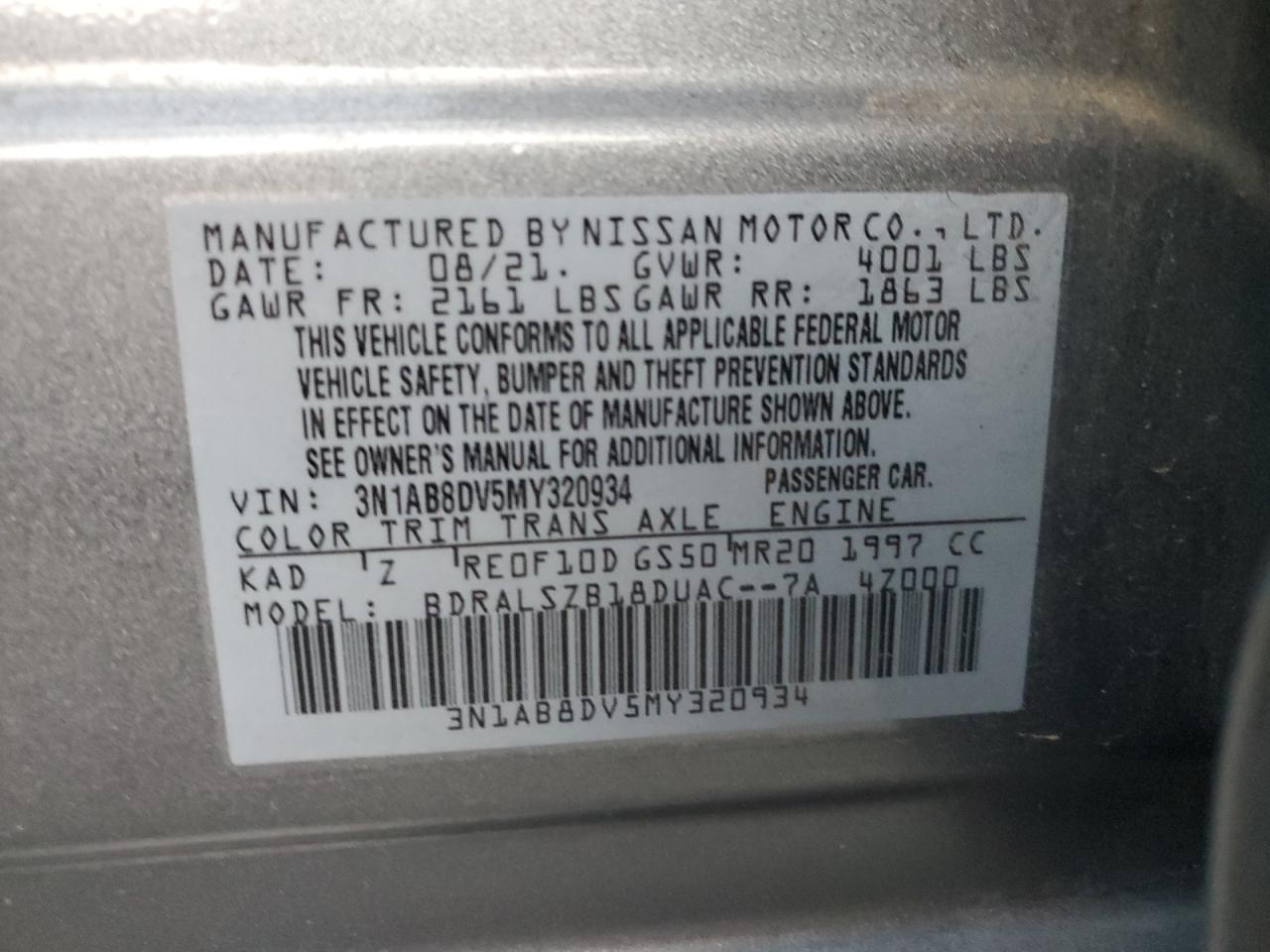 2021 Nissan Sentra Sr VIN: 3N1AB8DV5MY320934 Lot: 76902504