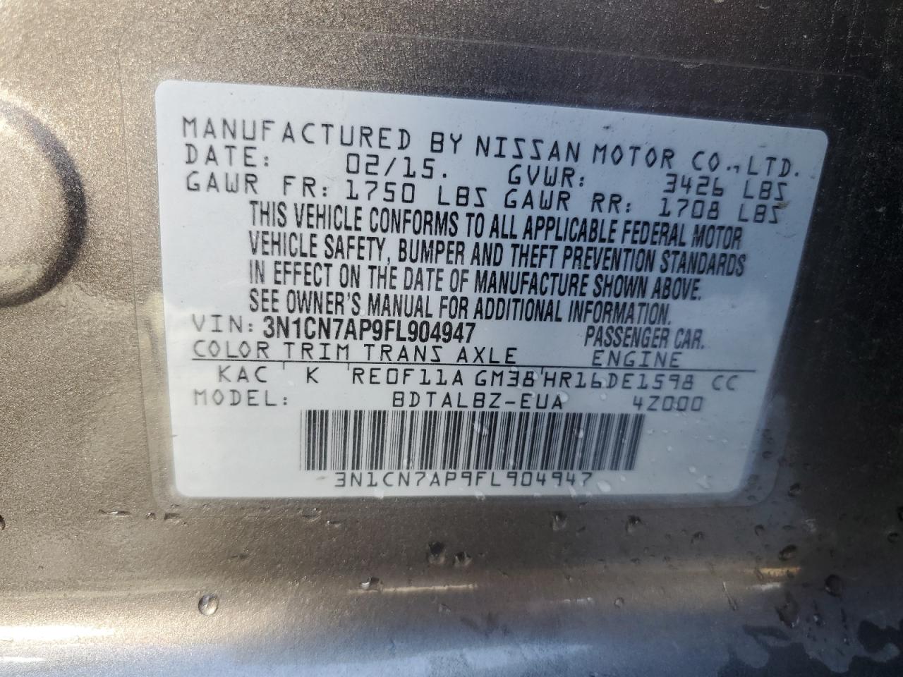 3N1CN7AP9FL904947 2015 Nissan Versa S