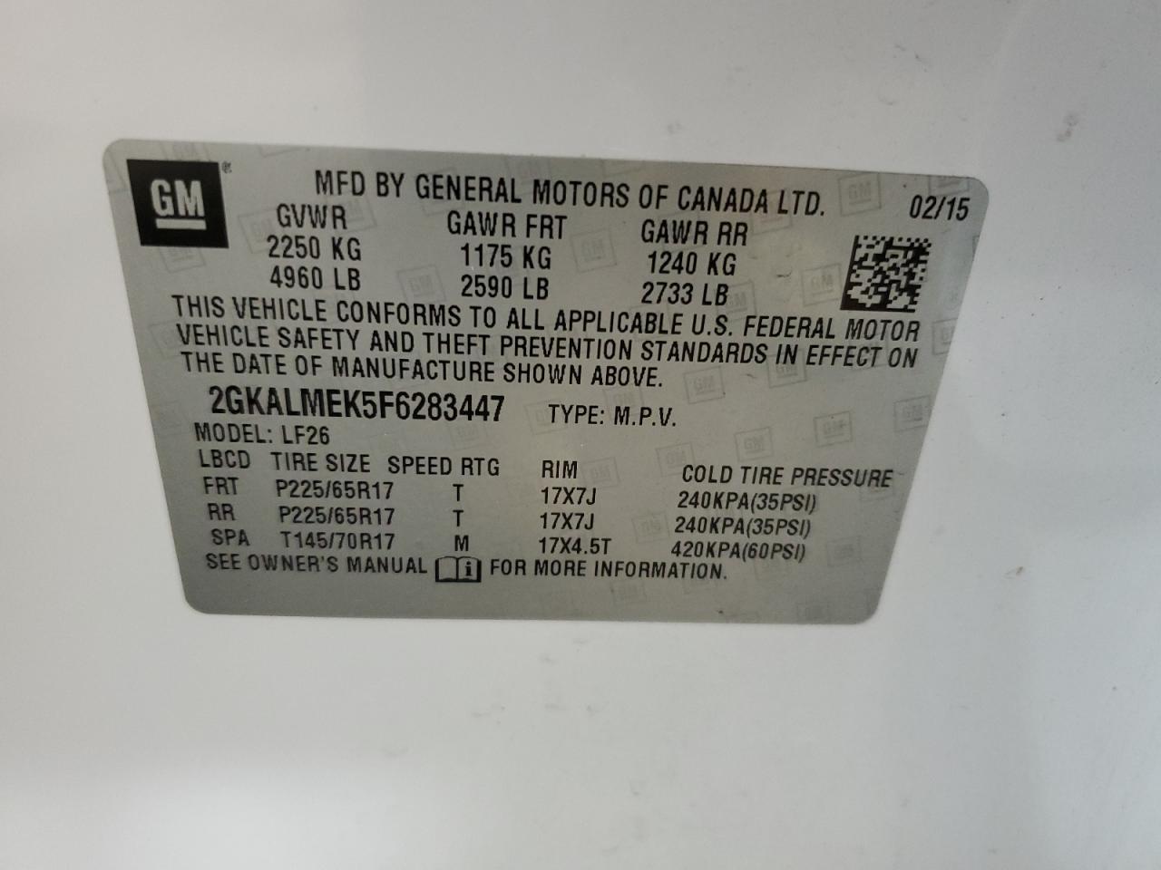 VIN 2GKALMEK5F6283447 2015 GMC TERRAIN no.13