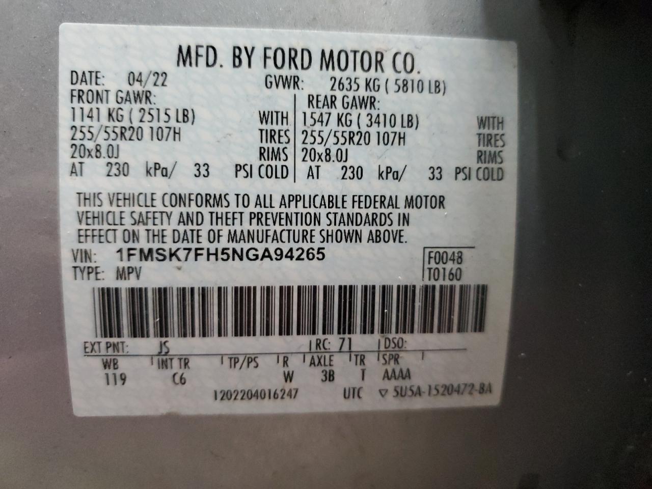 2022 Ford Explorer Limited VIN: 1FMSK7FH5NGA94265 Lot: 75440604