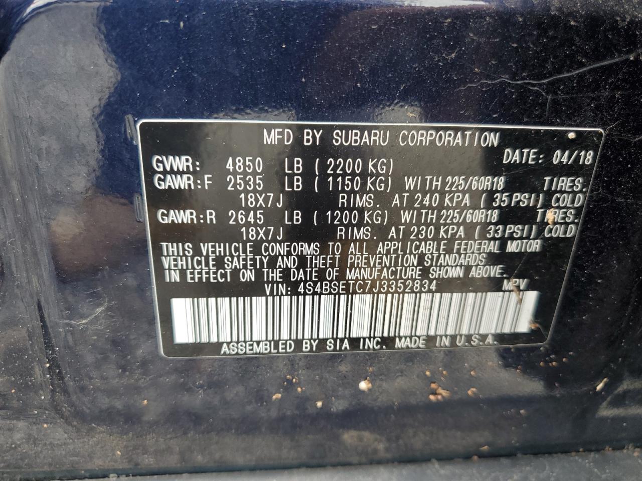 2018 Subaru Outback Touring VIN: 4S4BSETC7J3352834 Lot: 74389074