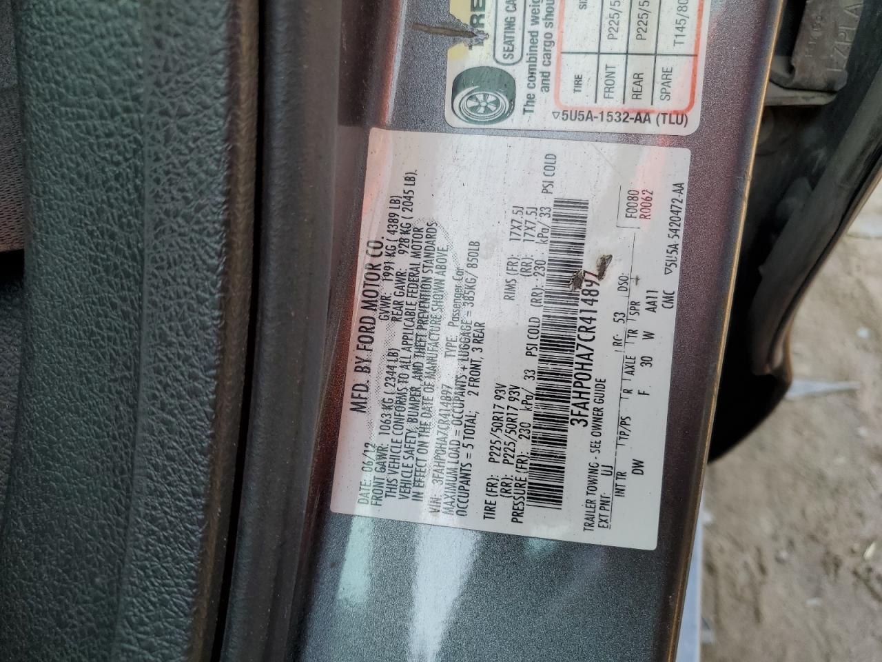 2012 Ford Fusion Se VIN: 3FAHP0HA7CR414897 Lot: 75457994