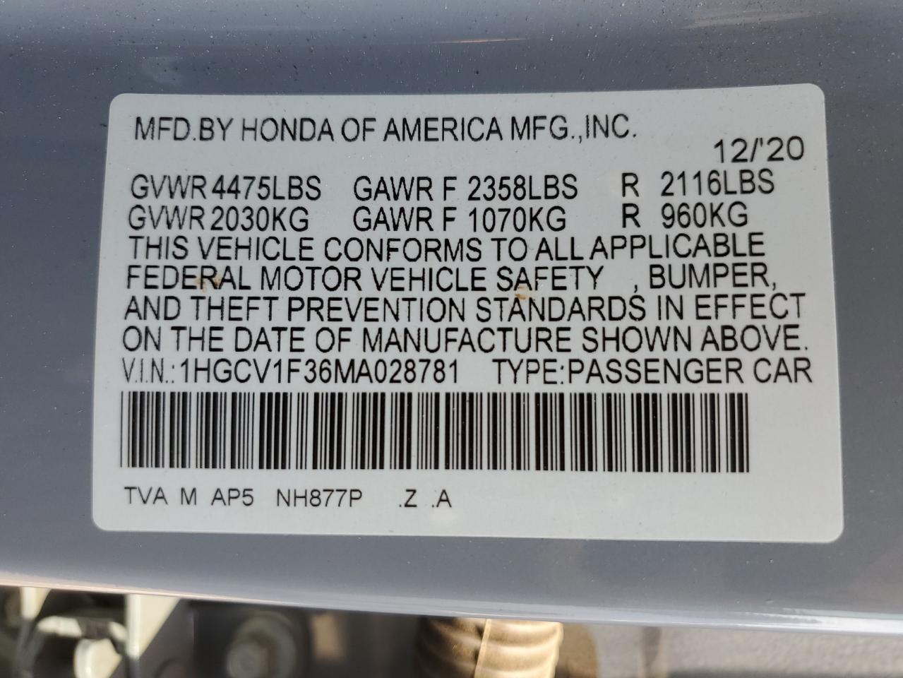 1HGCV1F36MA028781 2021 Honda Accord Sport