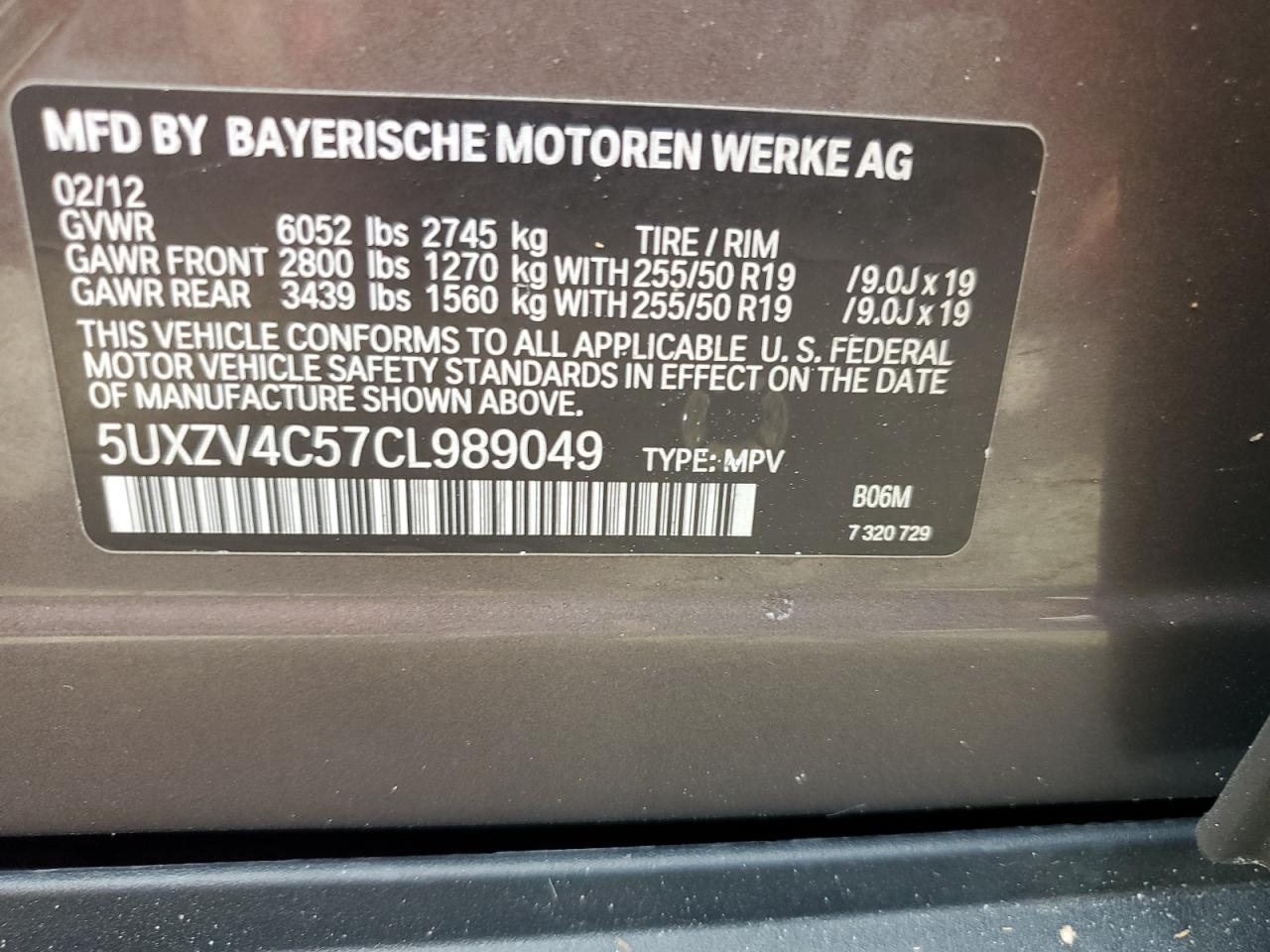 2012 BMW X5 xDrive35I VIN: 5UXZV4C57CL989049 Lot: 74789904