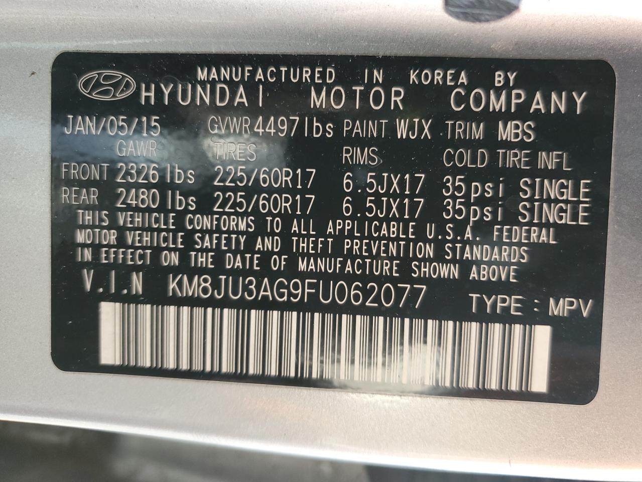 KM8JU3AG9FU062077 2015 Hyundai Tucson Limited