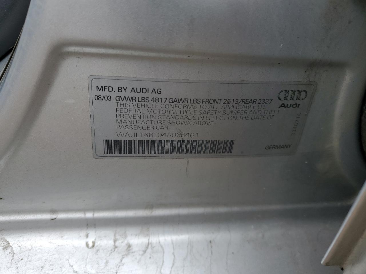 2004 Audi A4 3.0 Quattro VIN: WAULT68E04A068464 Lot: 78646214