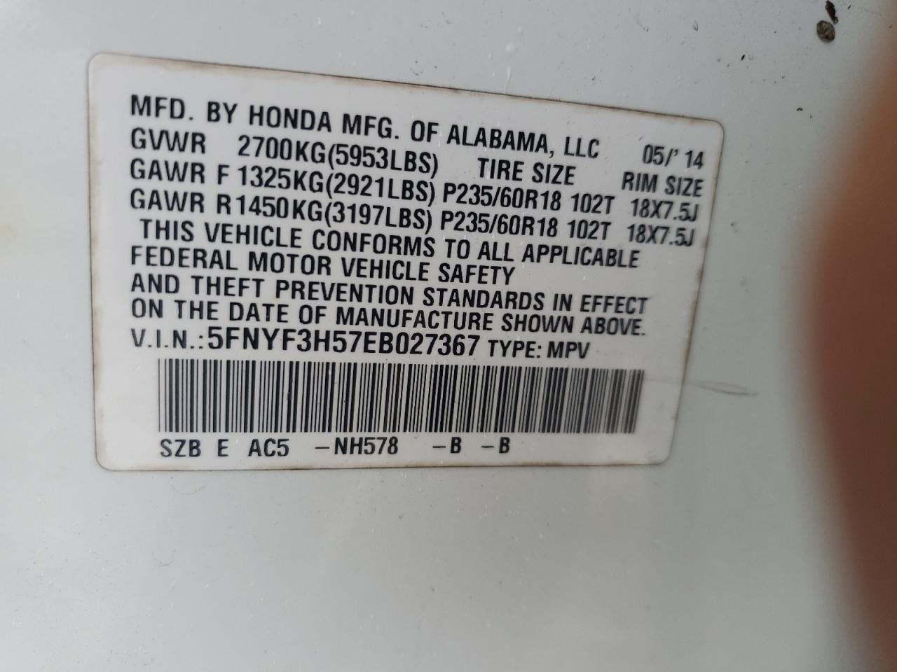 5FNYF3H57EB027367 2014 Honda Pilot Exl