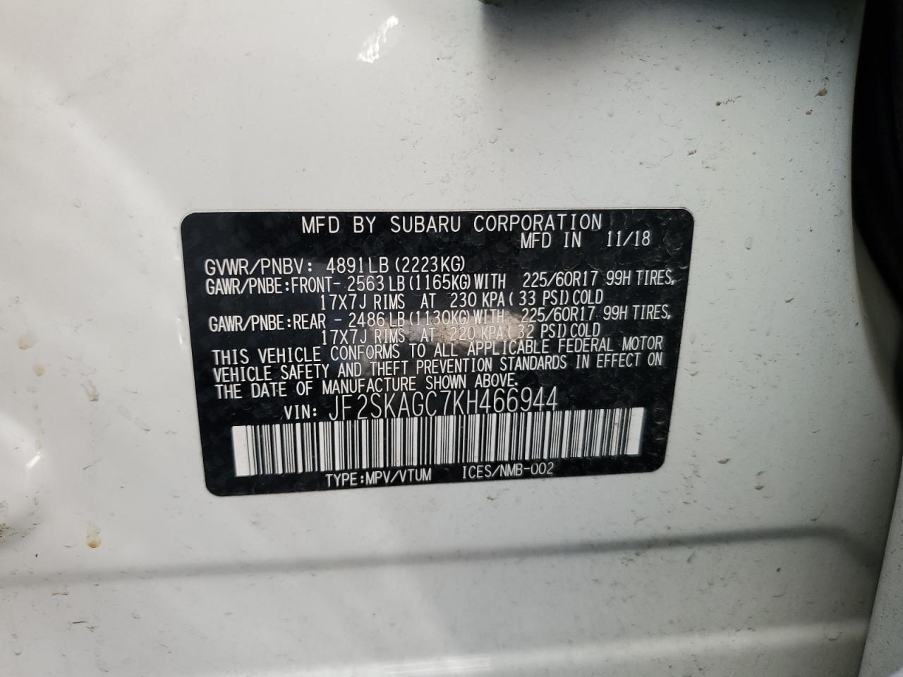 2019 Subaru Forester Premium VIN: JF2SKAGC7KH466944 Lot: 76598414