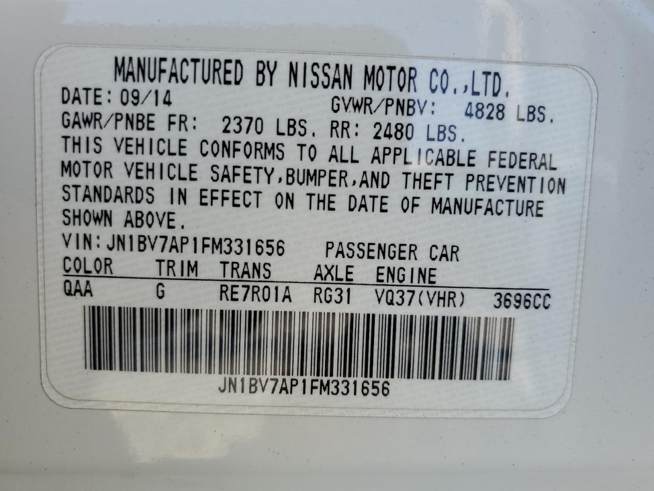 JN1BV7AP1FM331656 2015 Infiniti Q50 Base