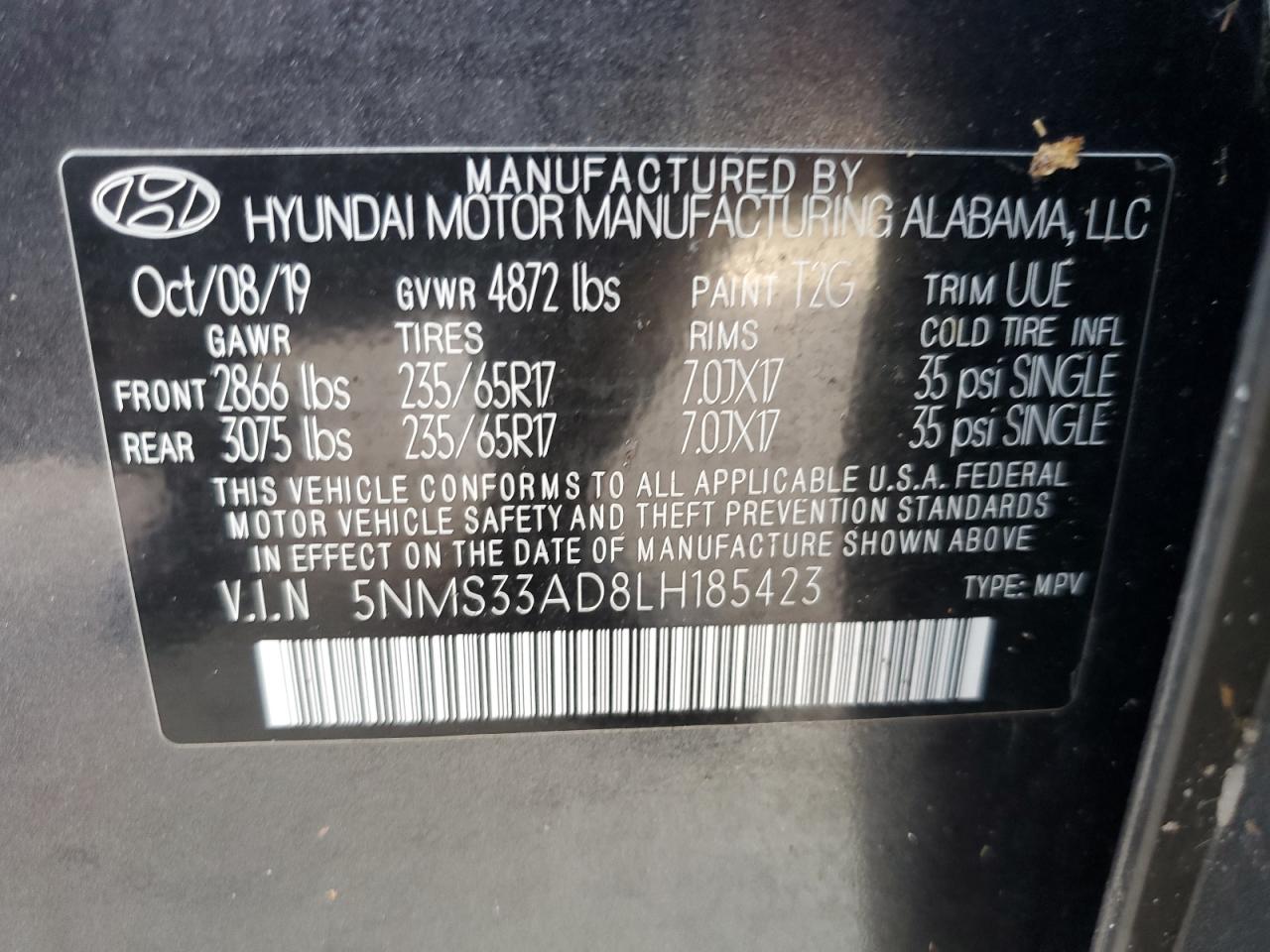 5NMS33AD8LH185423 2020 Hyundai Santa Fe Sel