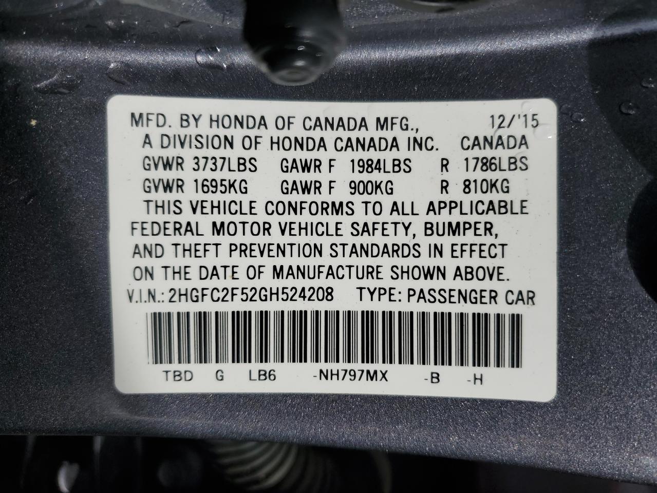 2HGFC2F52GH524208 2016 Honda Civic Lx