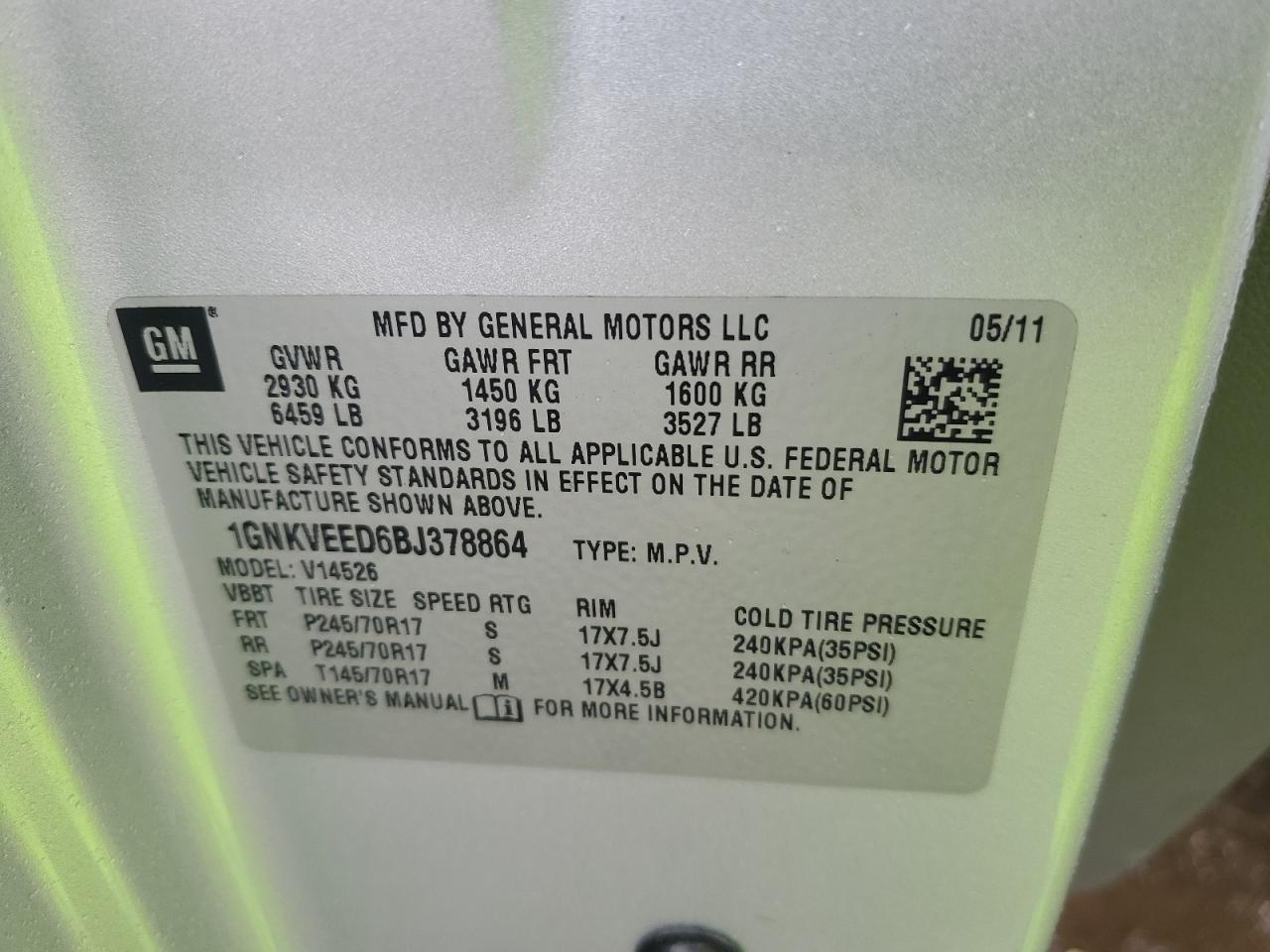 2011 Chevrolet Traverse Ls VIN: 1GNKVEED6BJ378864 Lot: 73998754