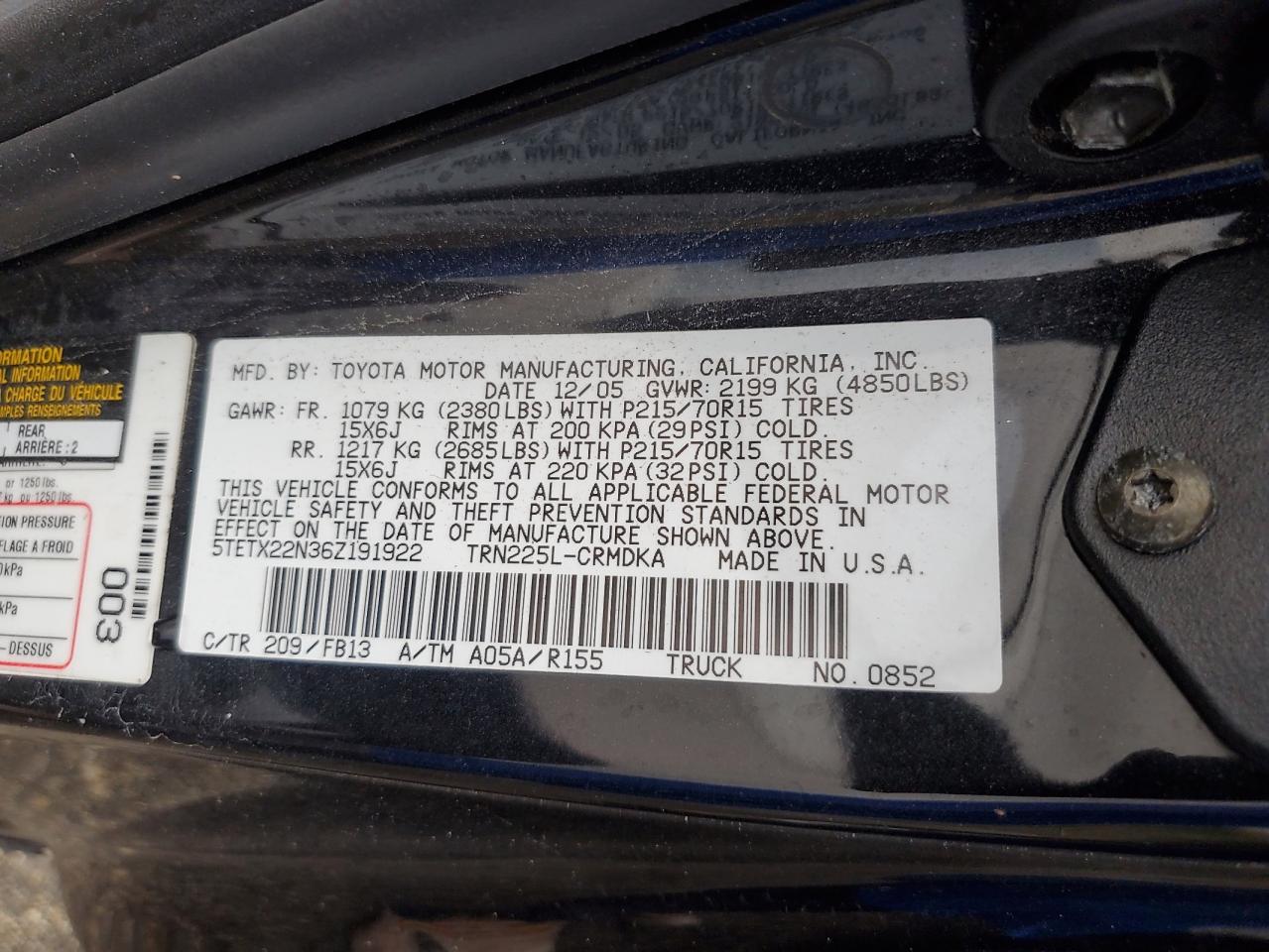 2006 Toyota Tacoma Access Cab VIN: 5TETX22N36Z191922 Lot: 74841354