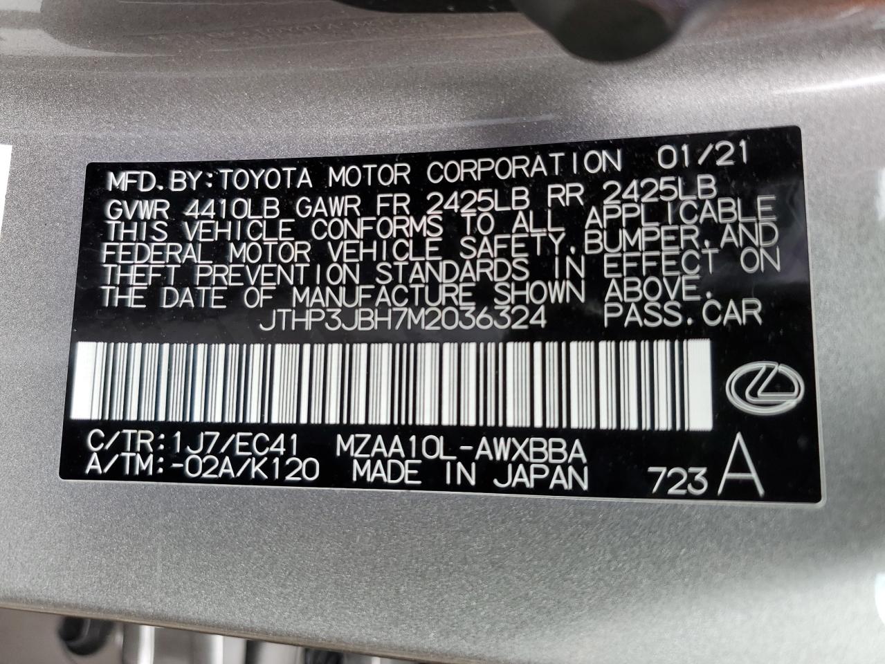 2021 Lexus Ux 200 VIN: JTHP3JBH7M2036324 Lot: 75059094