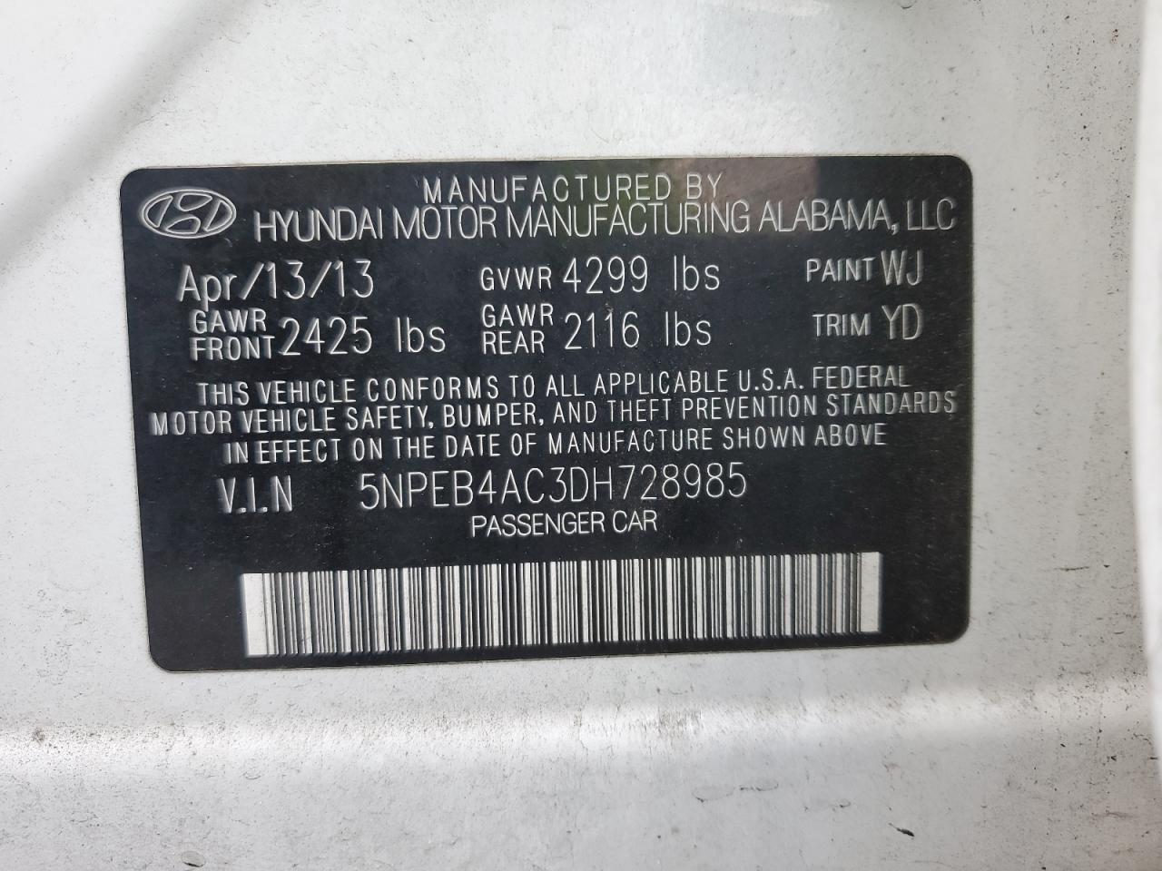 5NPEB4AC3DH728985 2013 Hyundai Sonata Gls