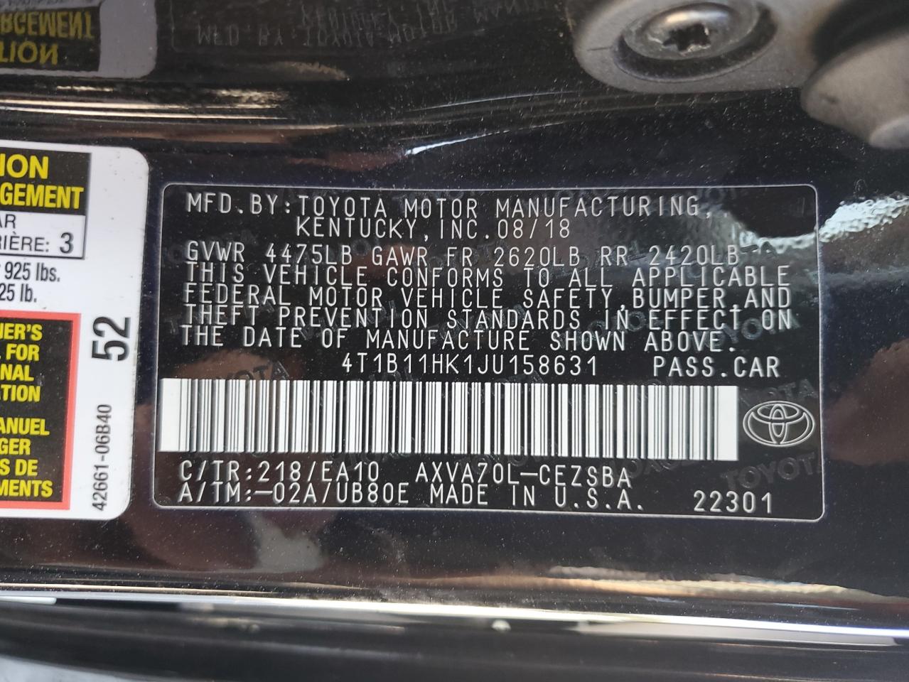 4T1B11HK1JU158631 2018 TOYOTA CAMRY - Image 12