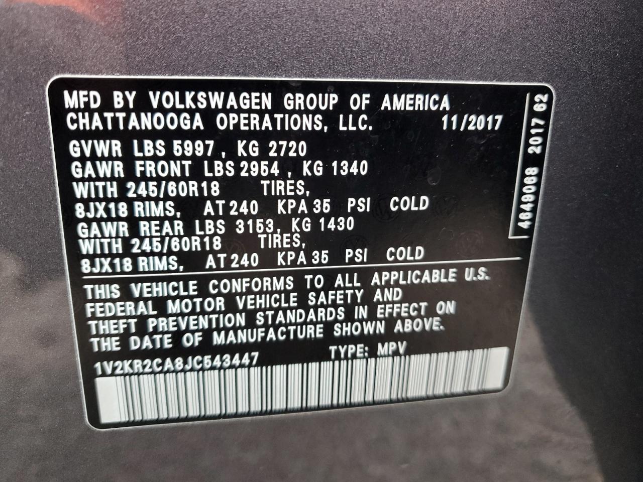 2018 Volkswagen Atlas Se VIN: 1V2KR2CA8JC543447 Lot: 74057304