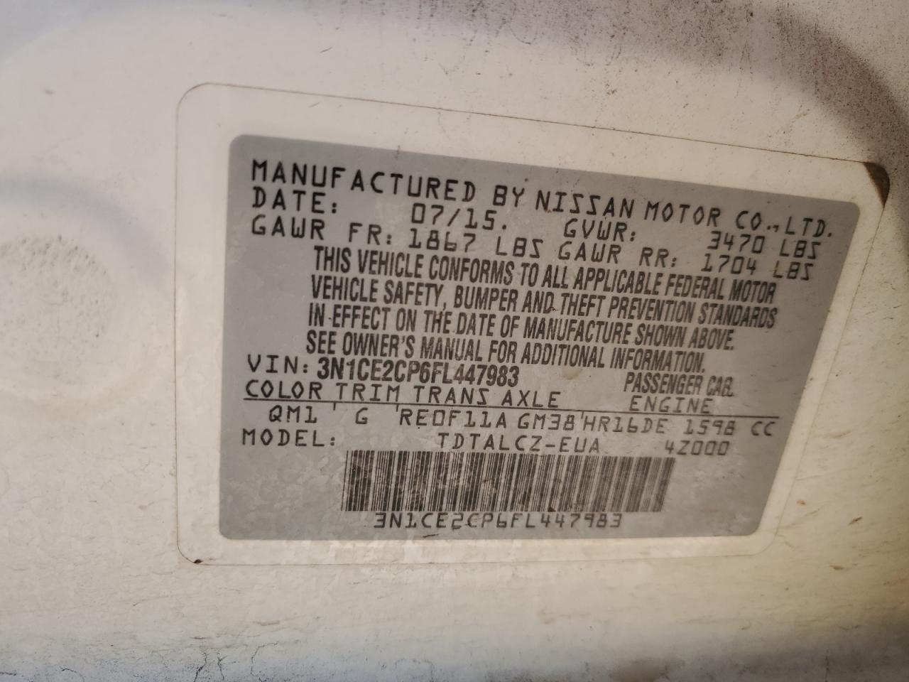 3N1CE2CP6FL447983 2015 Nissan Versa Note S