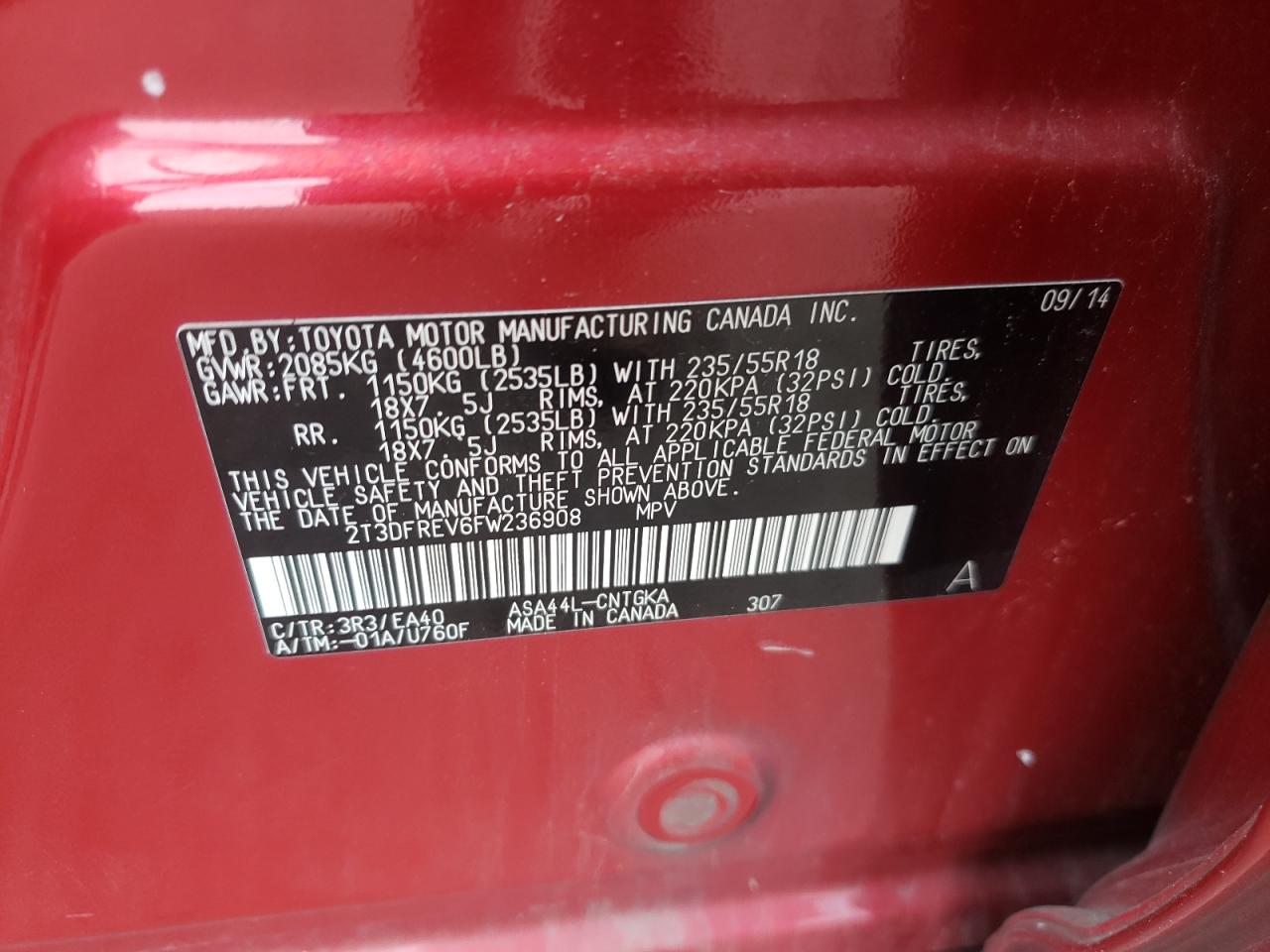 2T3DFREV6FW236908 2015 Toyota Rav4 Limited