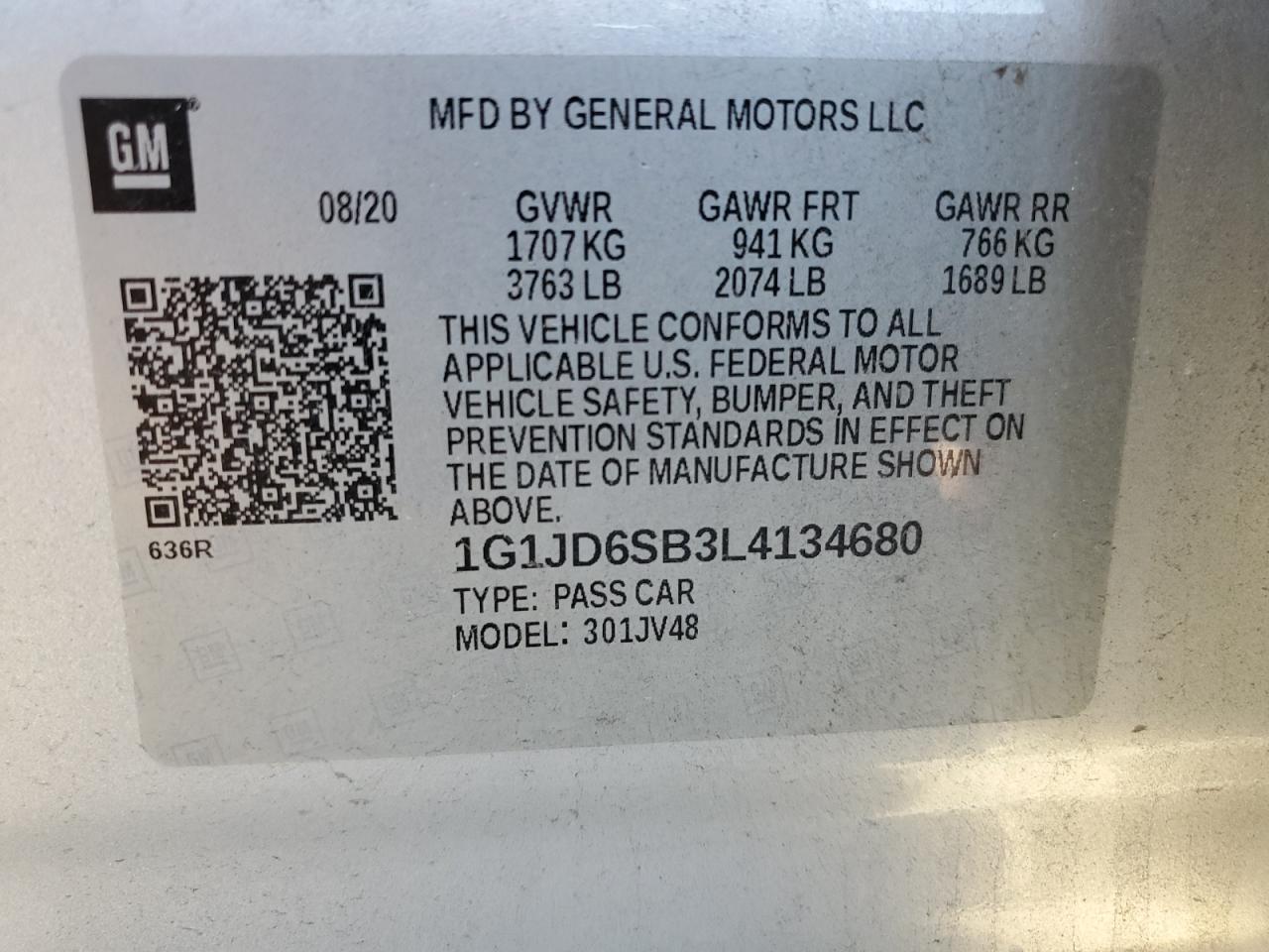 1G1JD6SB3L4134680 2020 Chevrolet Sonic Lt