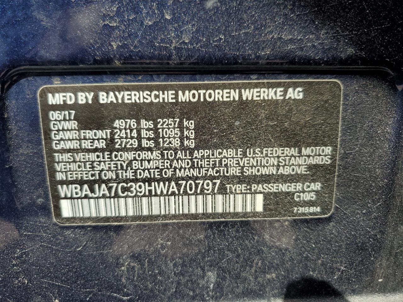 WBAJA7C39HWA70797 2017 BMW 530 Xi