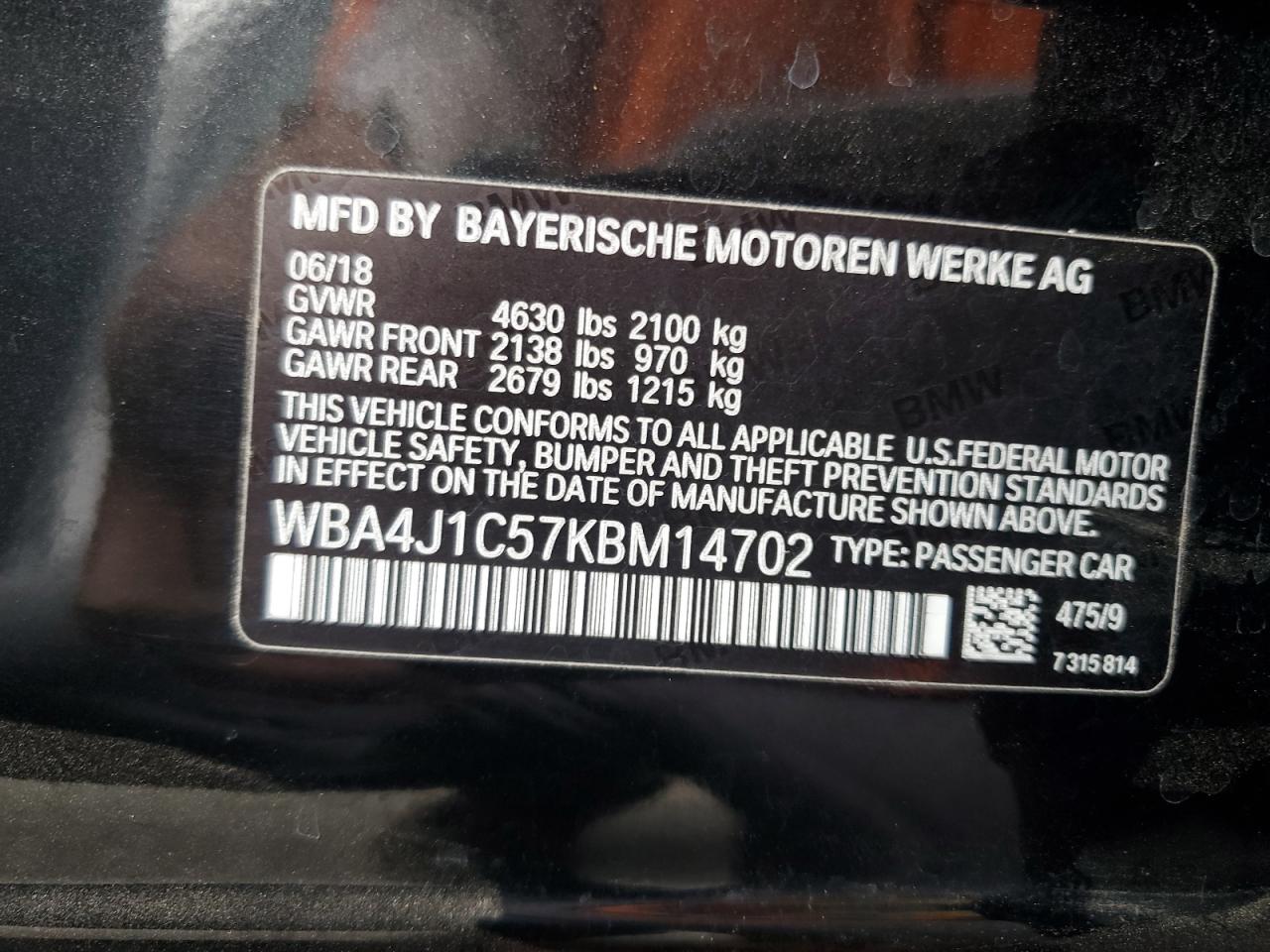 2019 BMW 430I Gran Coupe VIN: WBA4J1C57KBM14702 Lot: 76614614