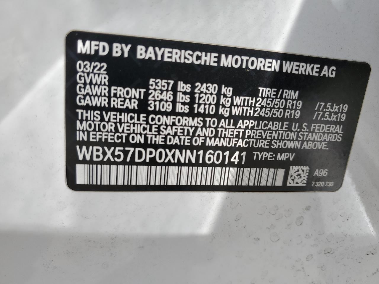 2022 BMW X3 xDrive30I VIN: WBX57DP0XNN160141 Lot: 75952194