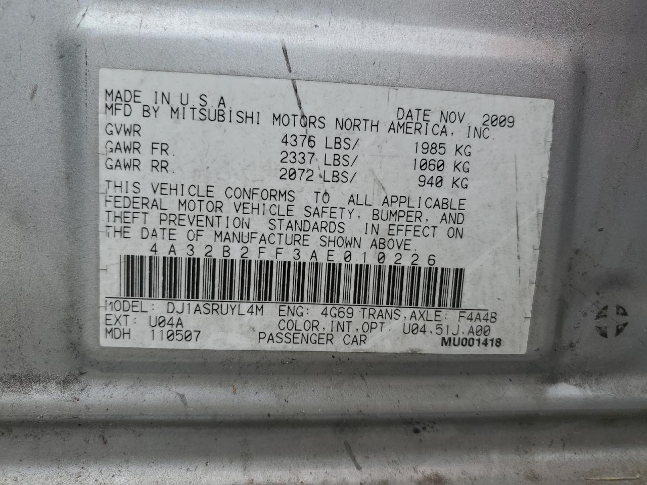 2010 Mitsubishi Galant Fe VIN: 4A32B2FF3AE010226 Lot: 76154384